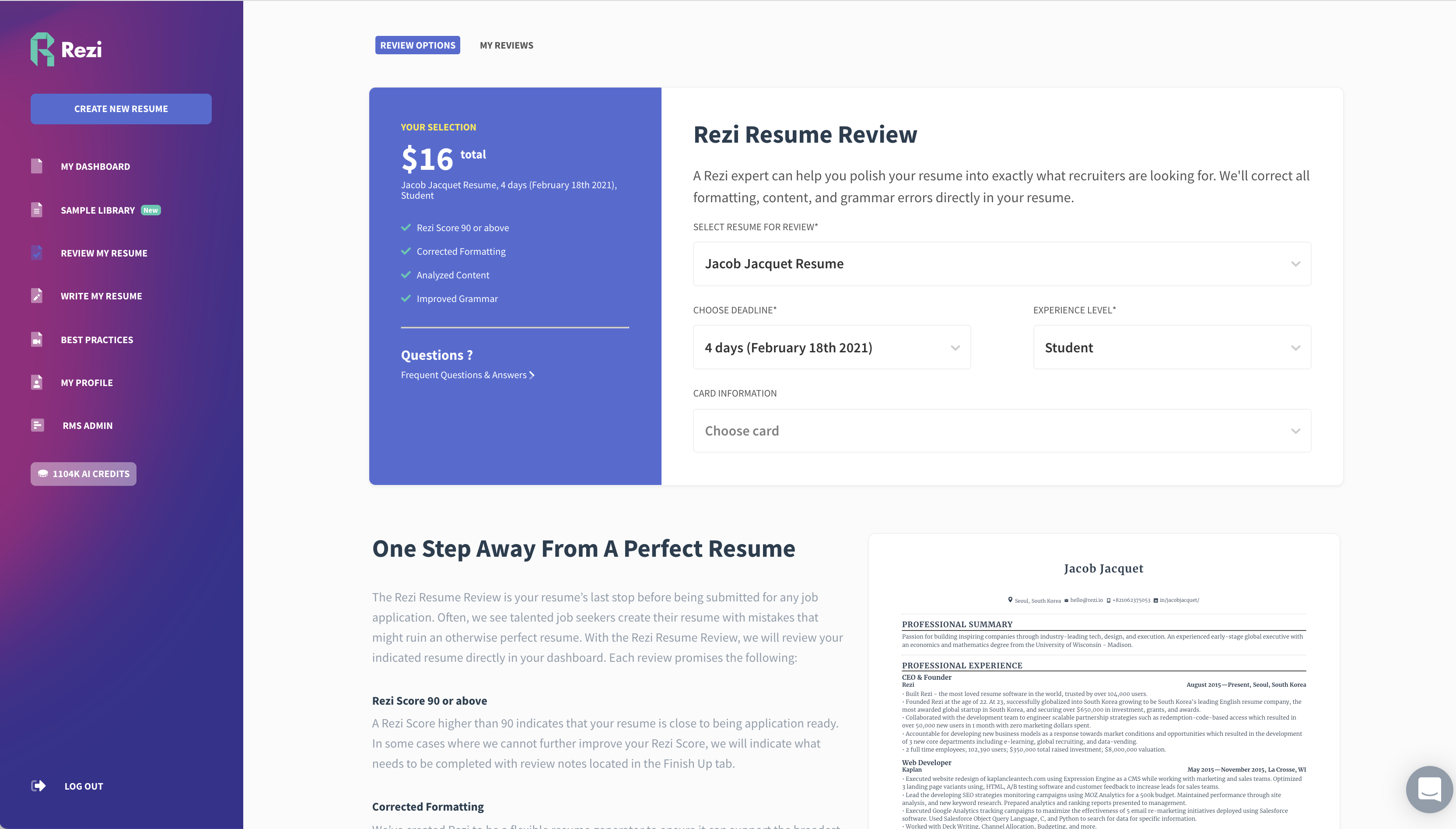 You can can request a rezi resume expert to review your resume before sending it to the hiring managers or applying for jobs.