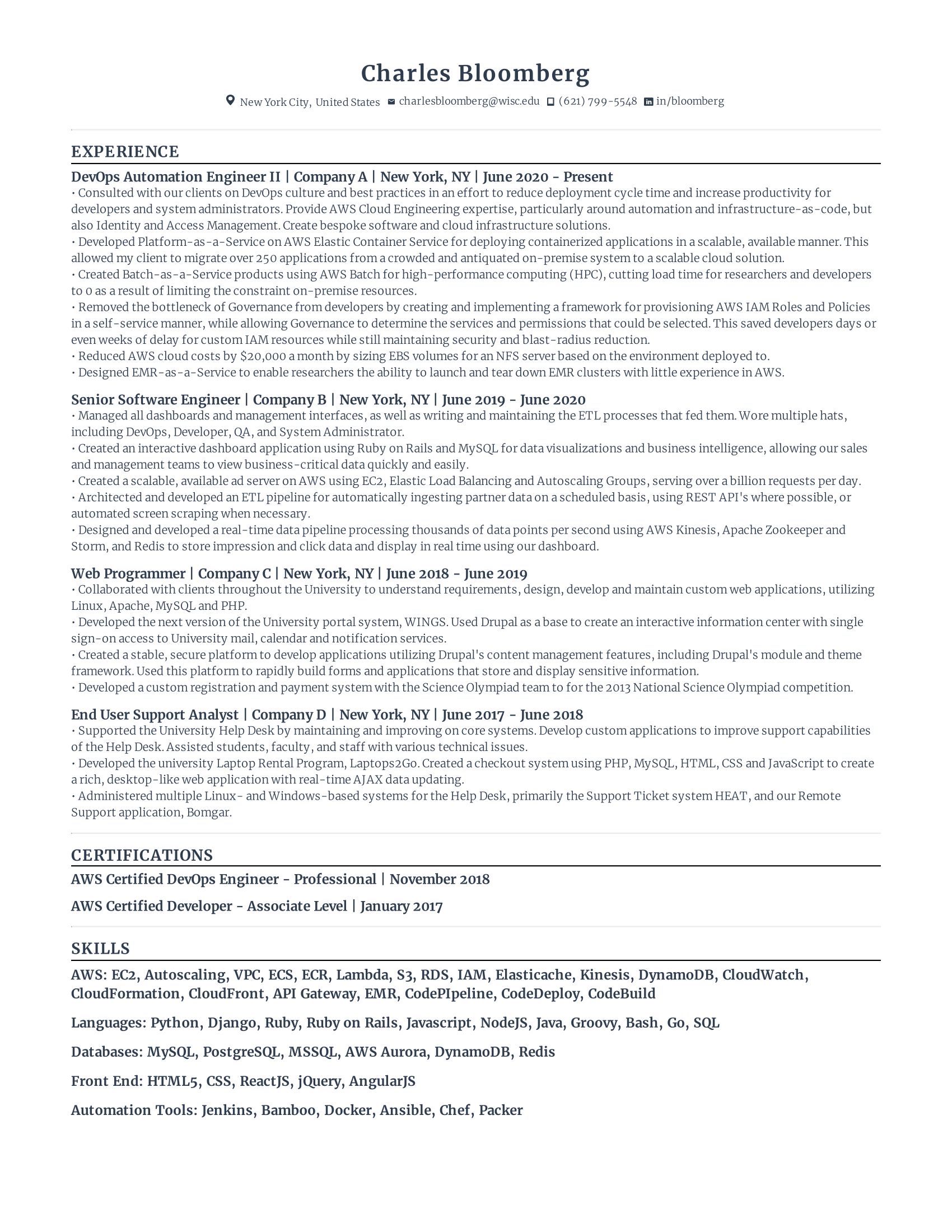 DevOps Engineer Resume with high amount of experience and skills in related fields from various companies.