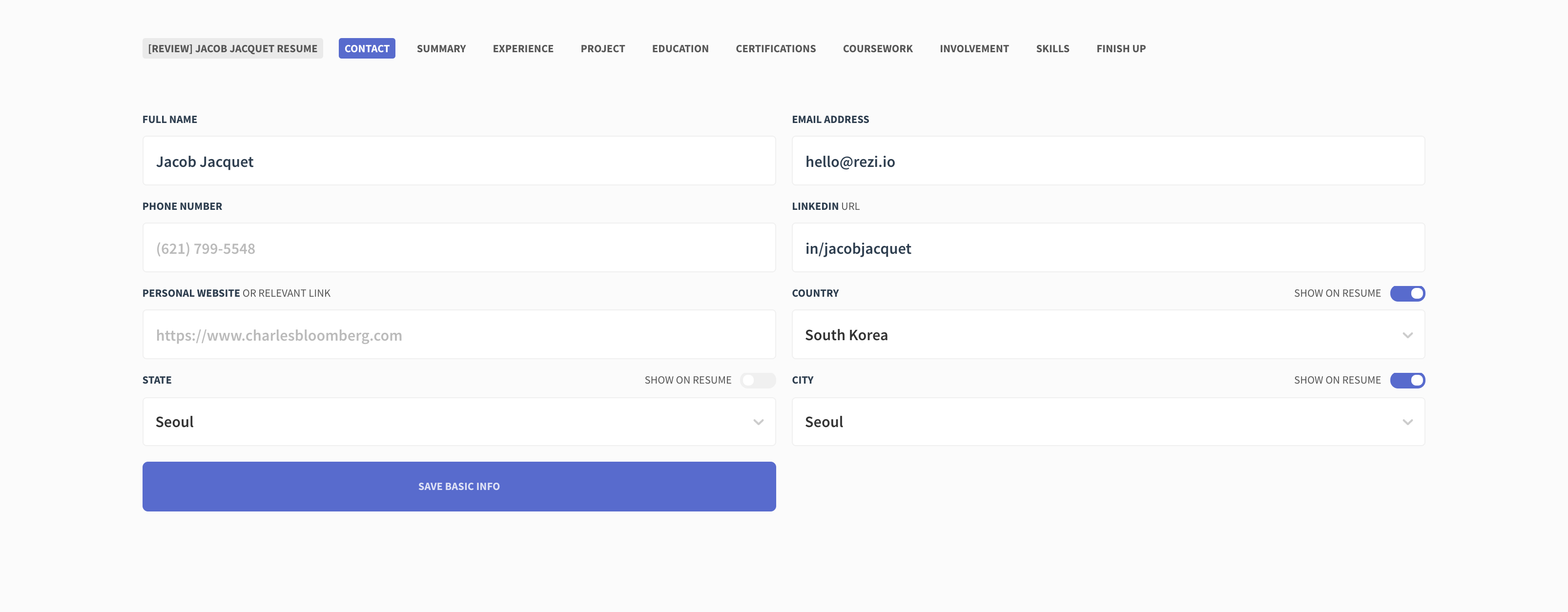 Enter the information in the tabs that are relevant to you. Contact, experience, projects, certifications, skills