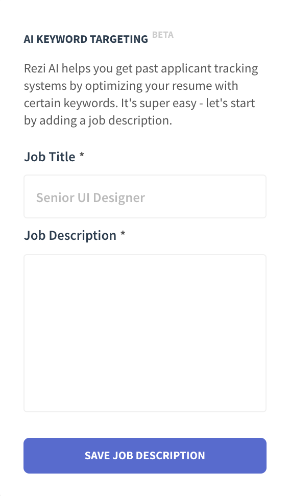 with AI Keyword Targeting you can know what ats are looking for in your resume. enter job tittle and job description to get started