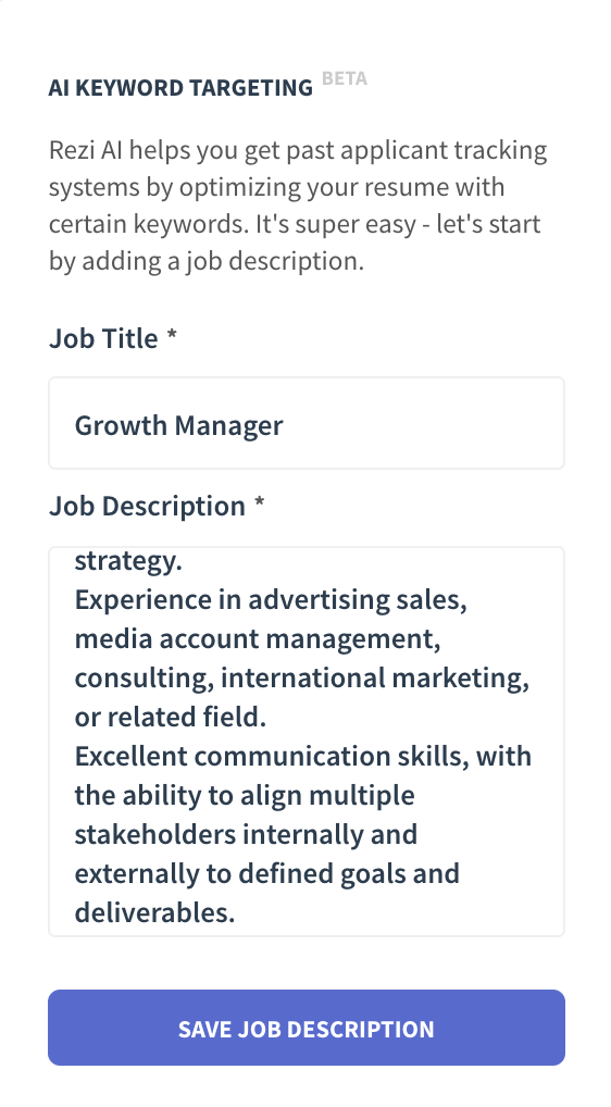 once you have filled out all AI Keyword Targeting fields, save the job description