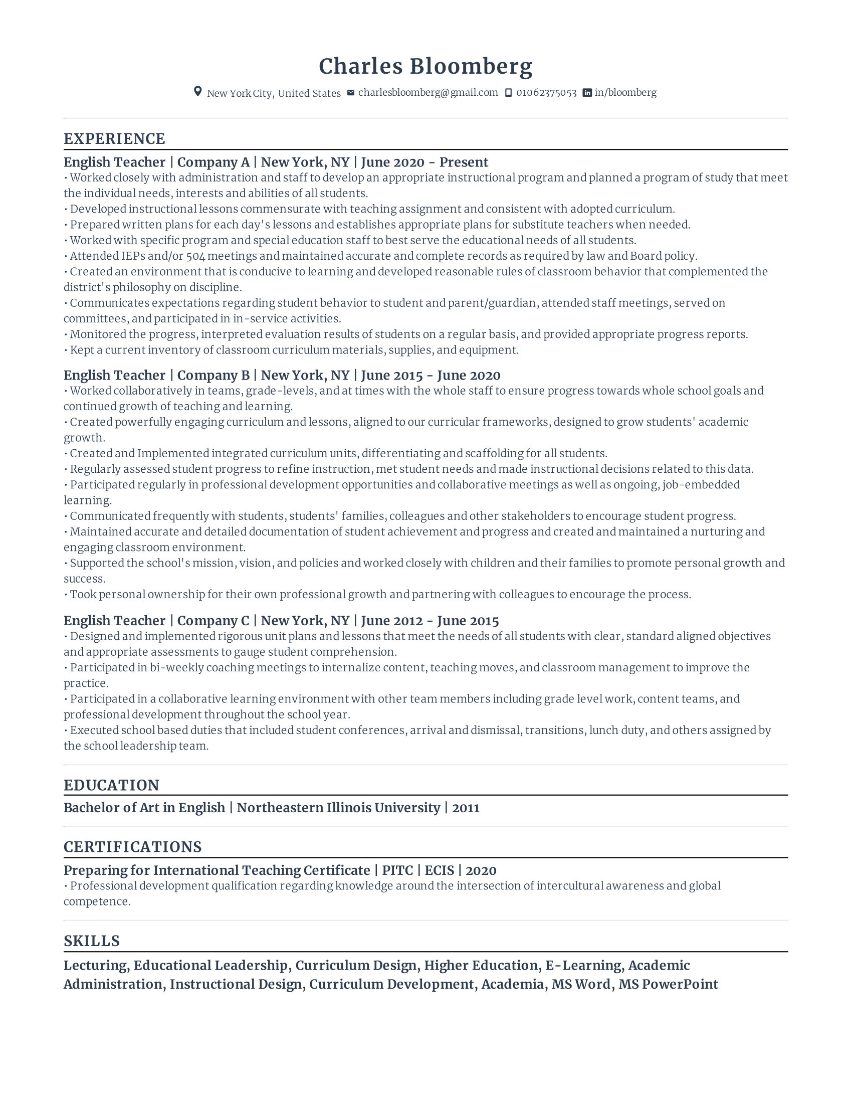Resume Skills for Teachers Example