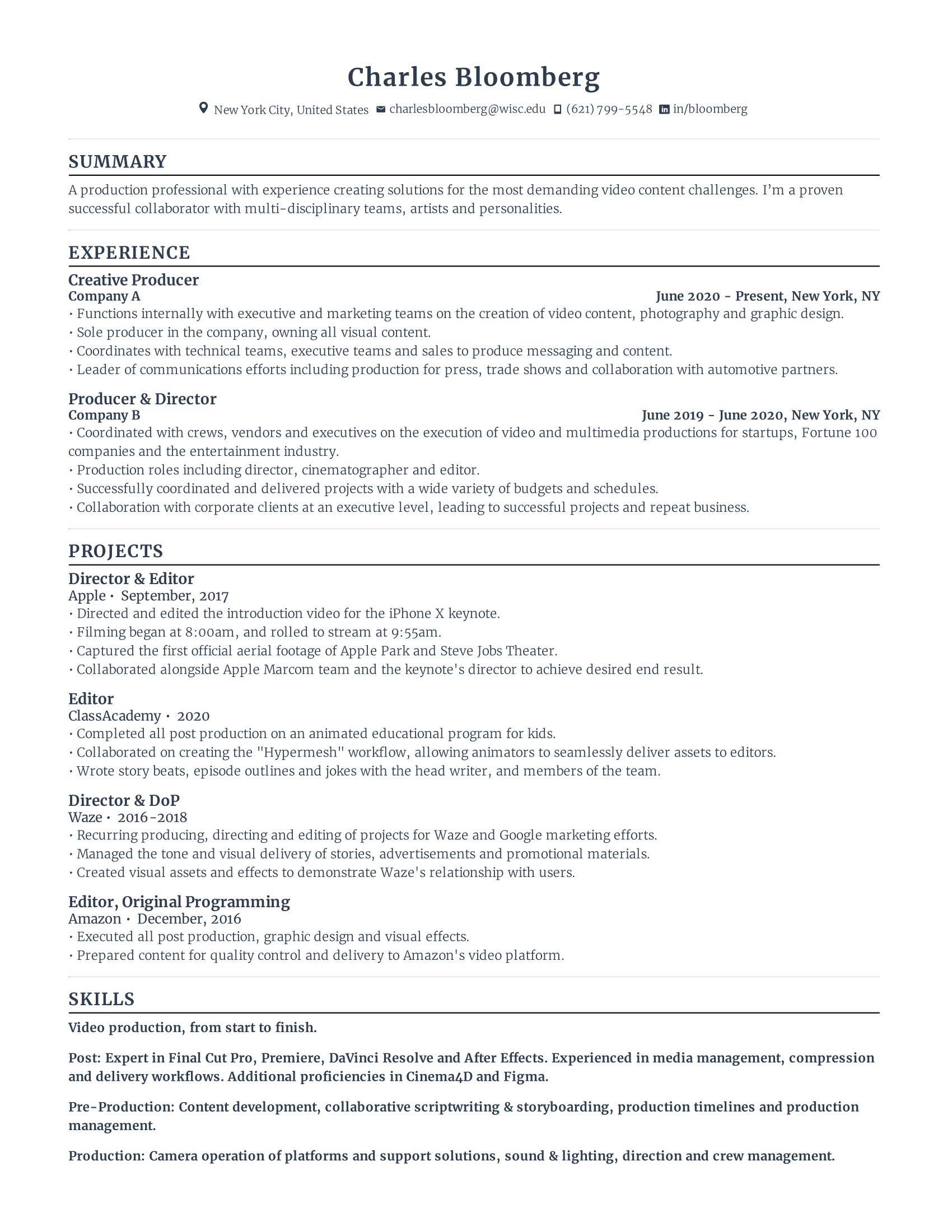 Creative produce resume with medium level of experience, projects and related skills