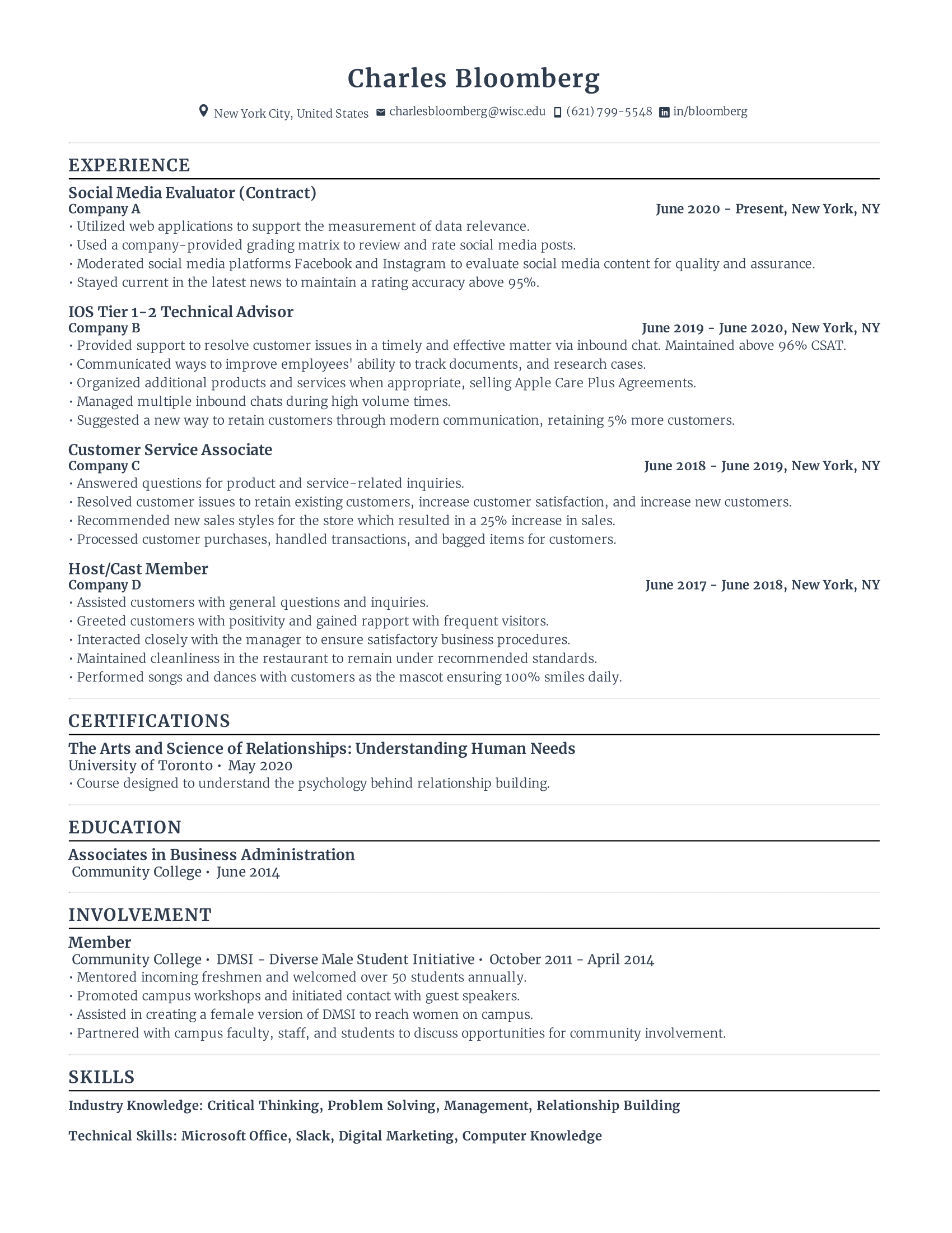 customer service resume with high amount of experience and skills in related fields from various companies.