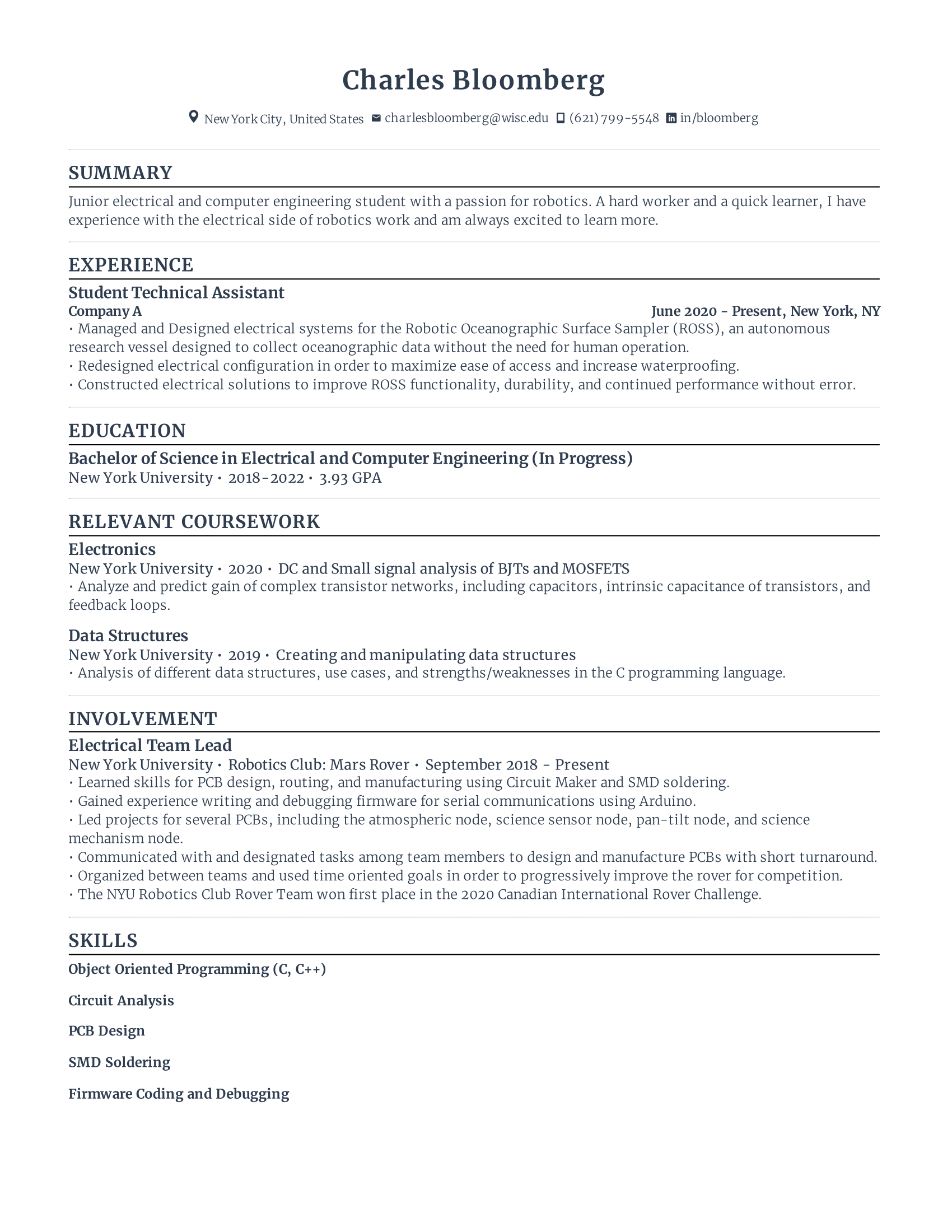 student technical assistant student resume template with low level experience, concentrating on recent education, internships, and other extra curricular experiences.