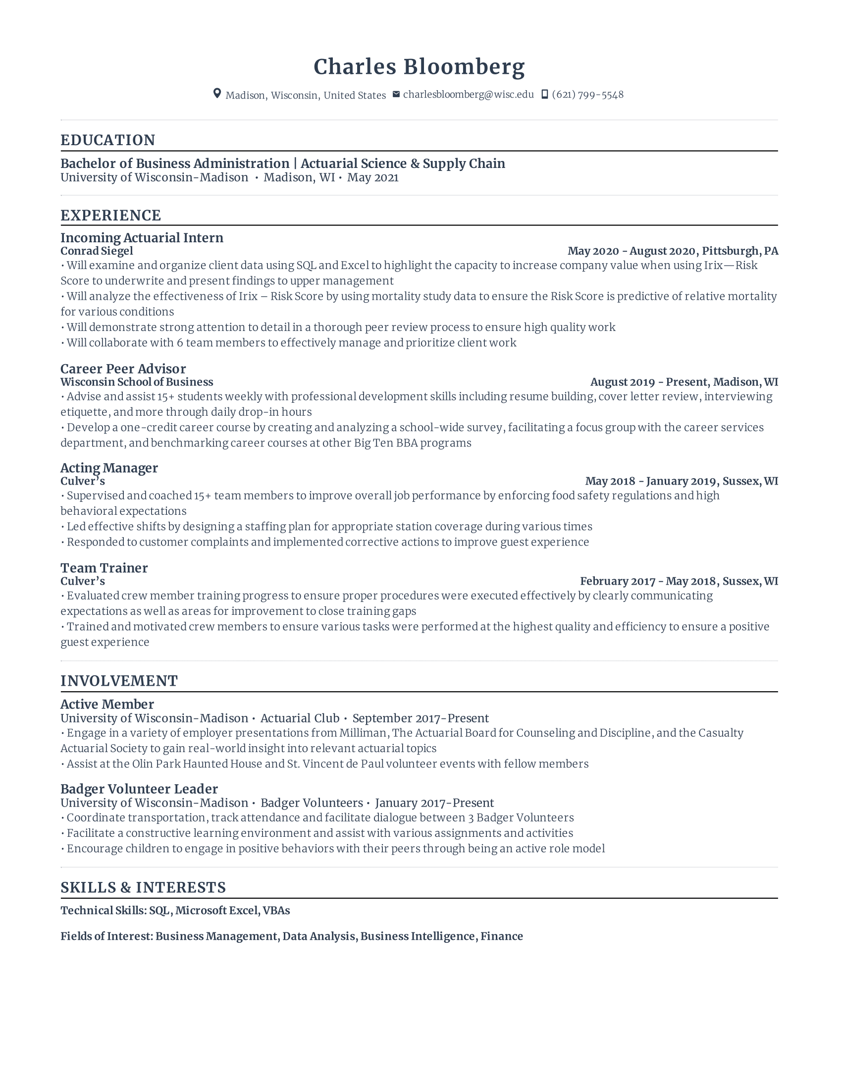 Third Year Student Resume Example with high concentration on education and internships