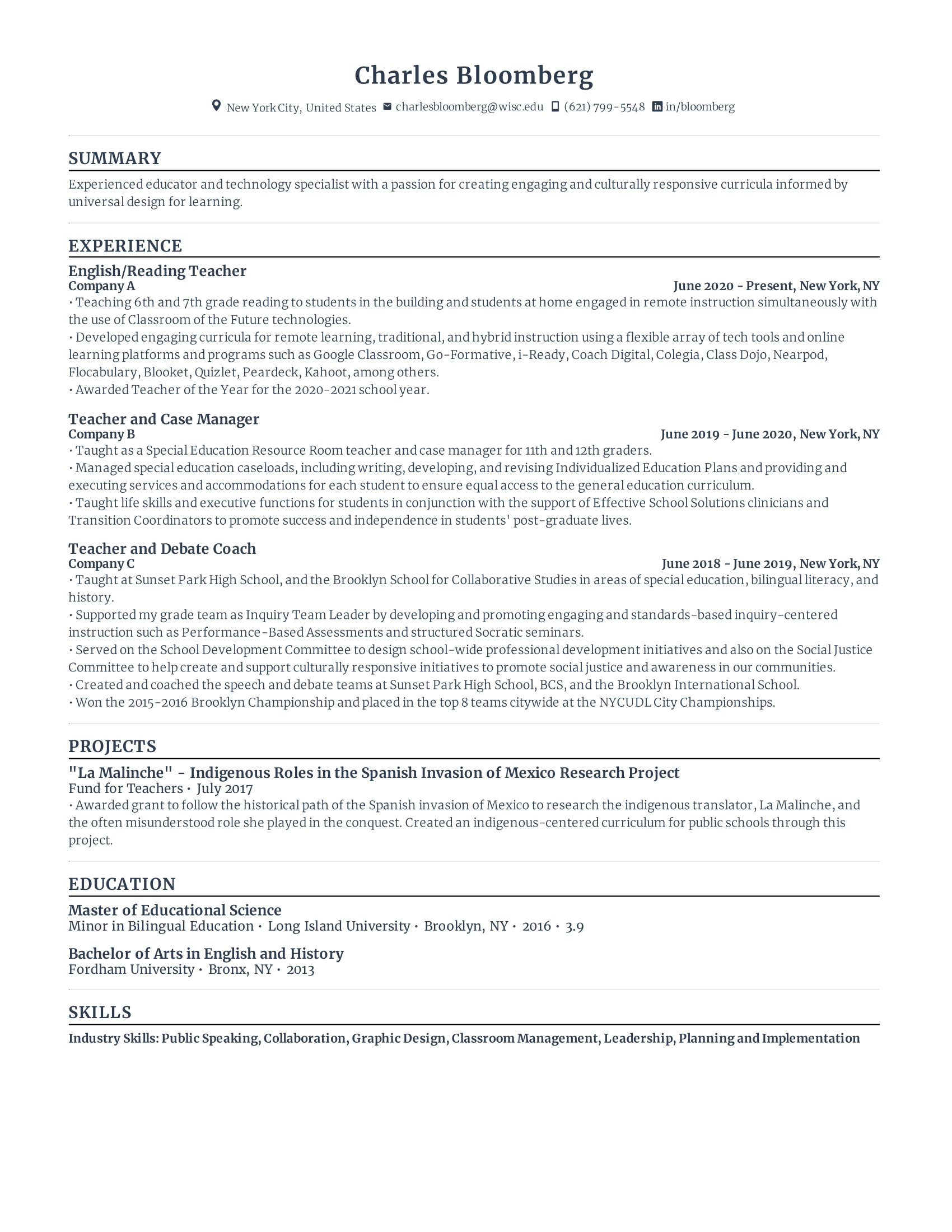 english teacher with high amount of experience and skills in related fields from various companies.