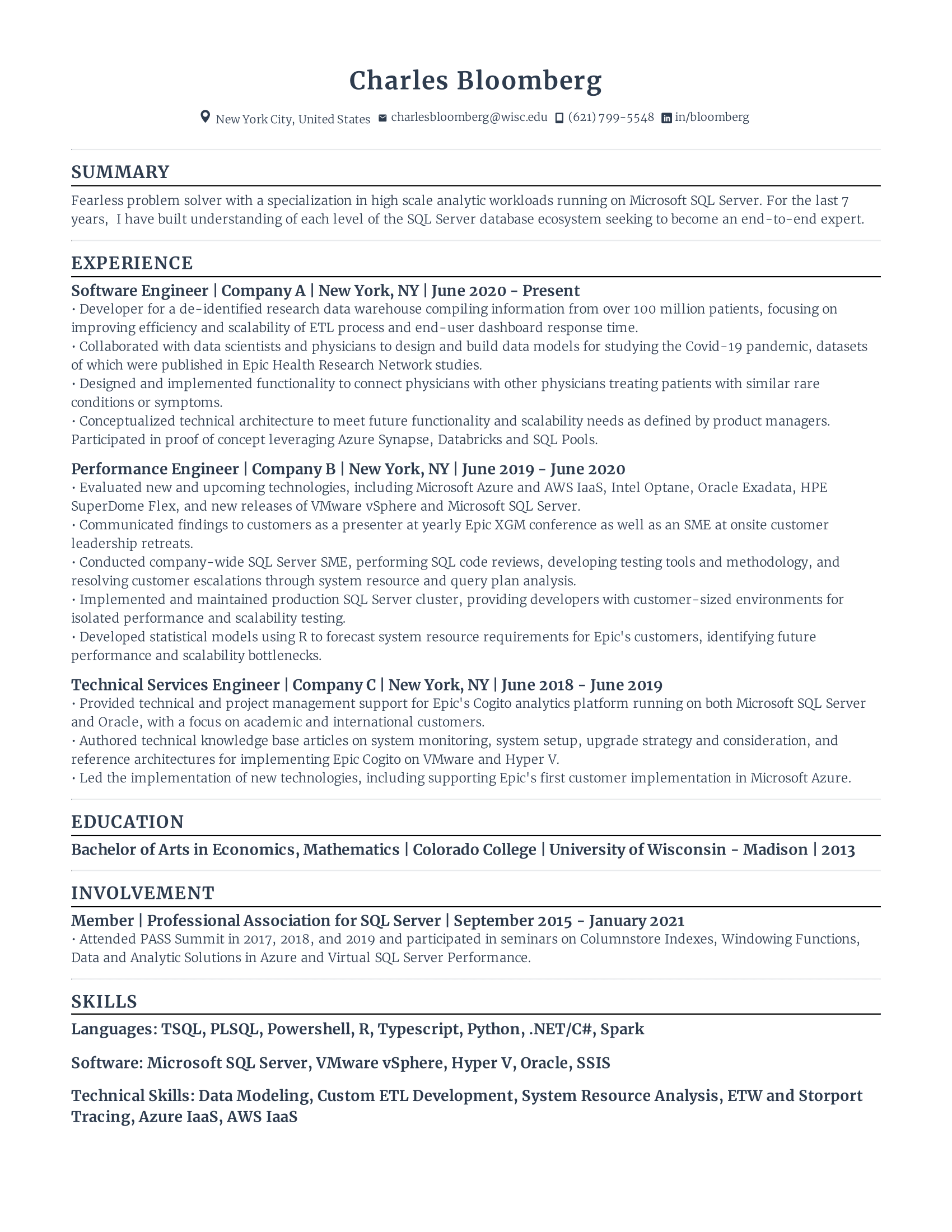 data engineer resume with high amount of experience and skills in related fields from various companies.