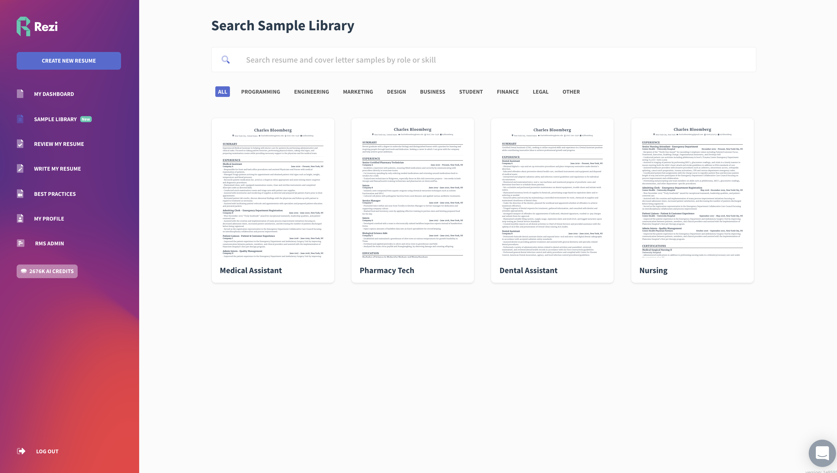 Rezi Sample Library with more than 300 resumes and cover letters