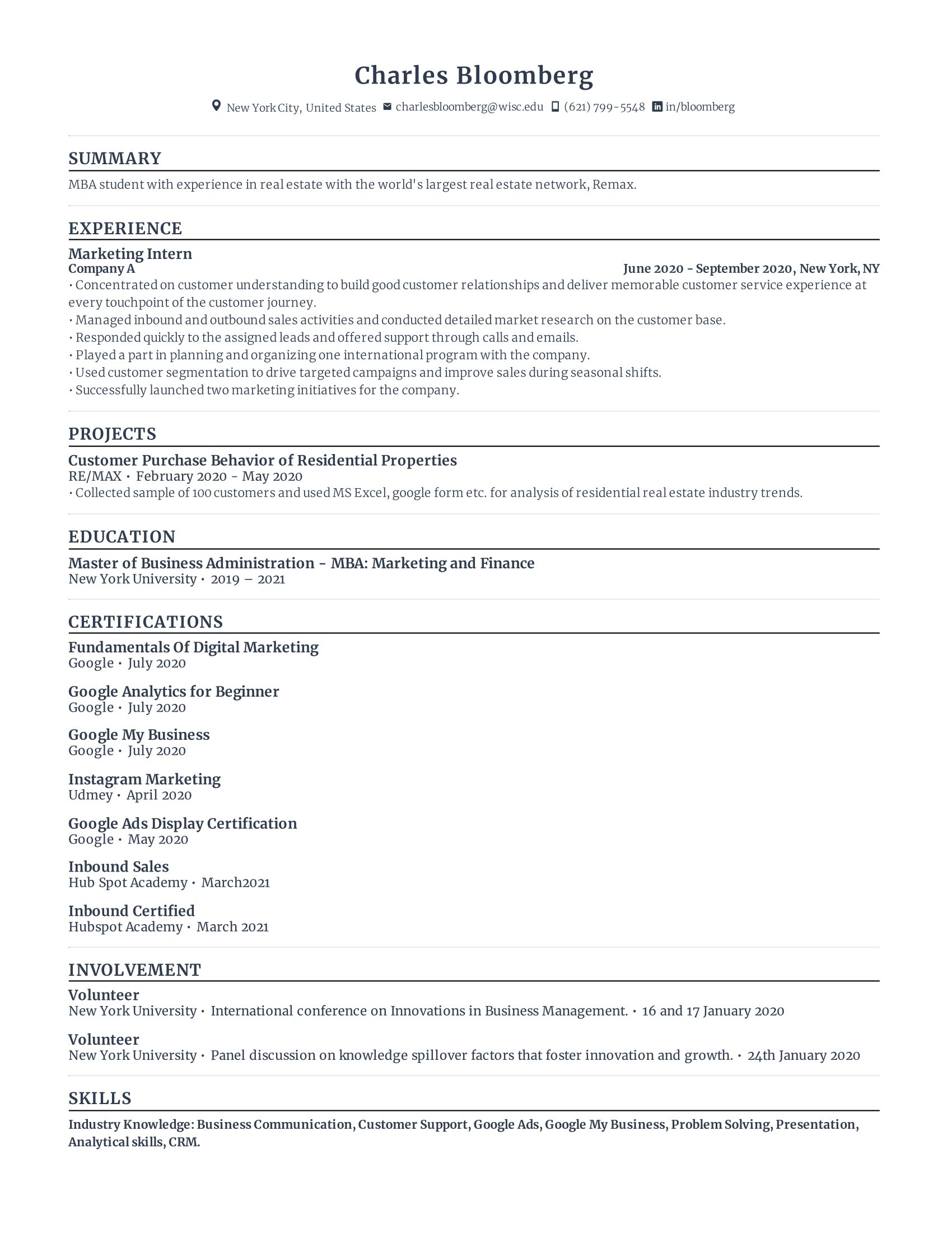 management student resume template with low level experience, concentrating on recent education, internships, and other extra curricular experiences.