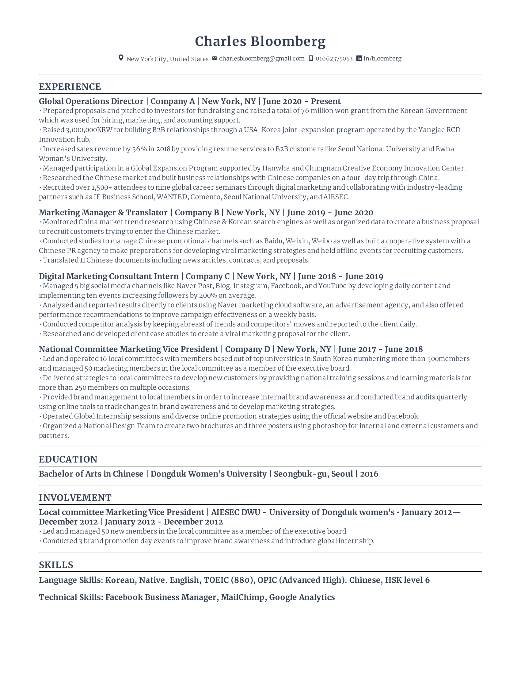 Ats resume example for global operations director with high amount of experience and skills in related fields from various companies.