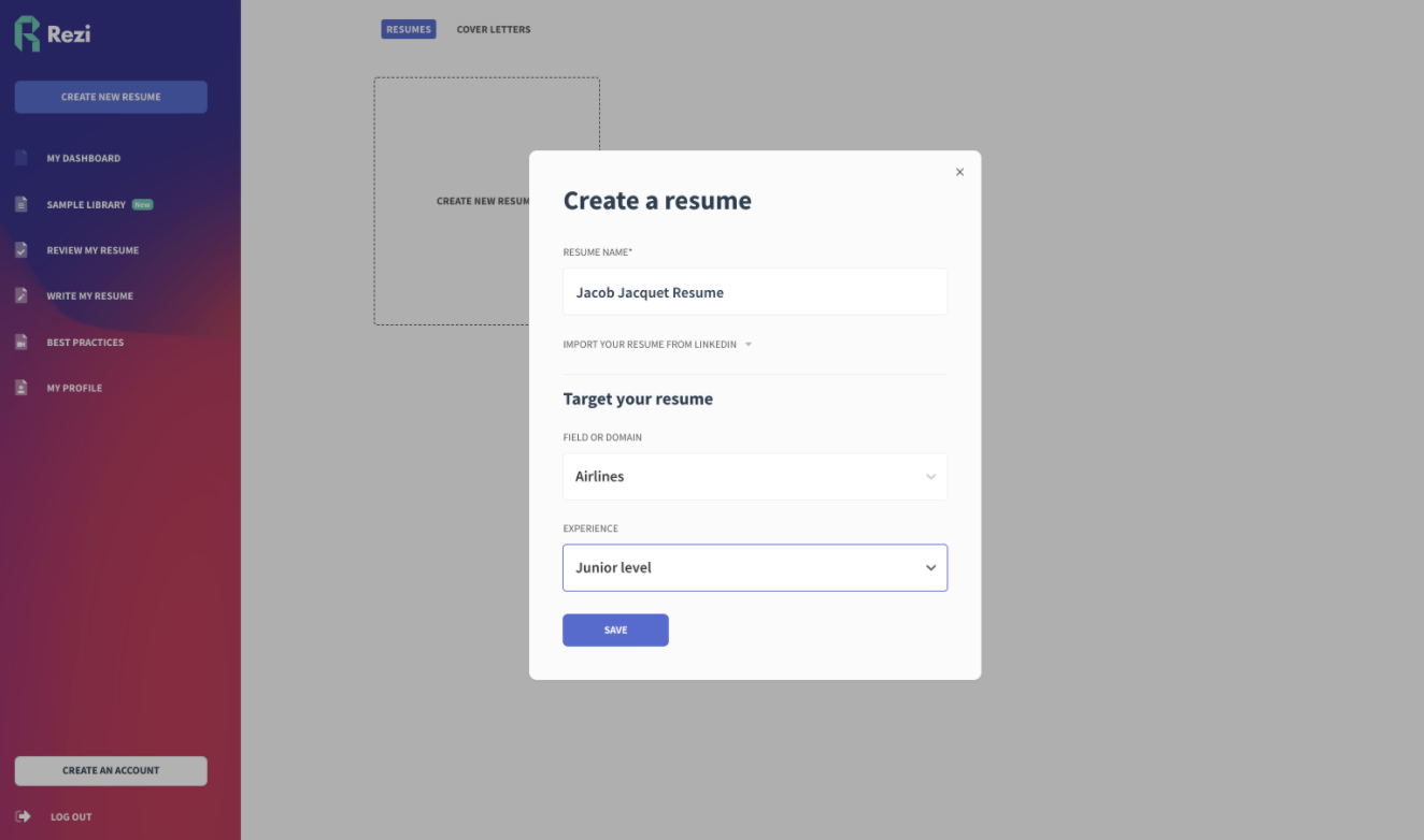 Click on “create new CV/Resume” and fill in the boxes: