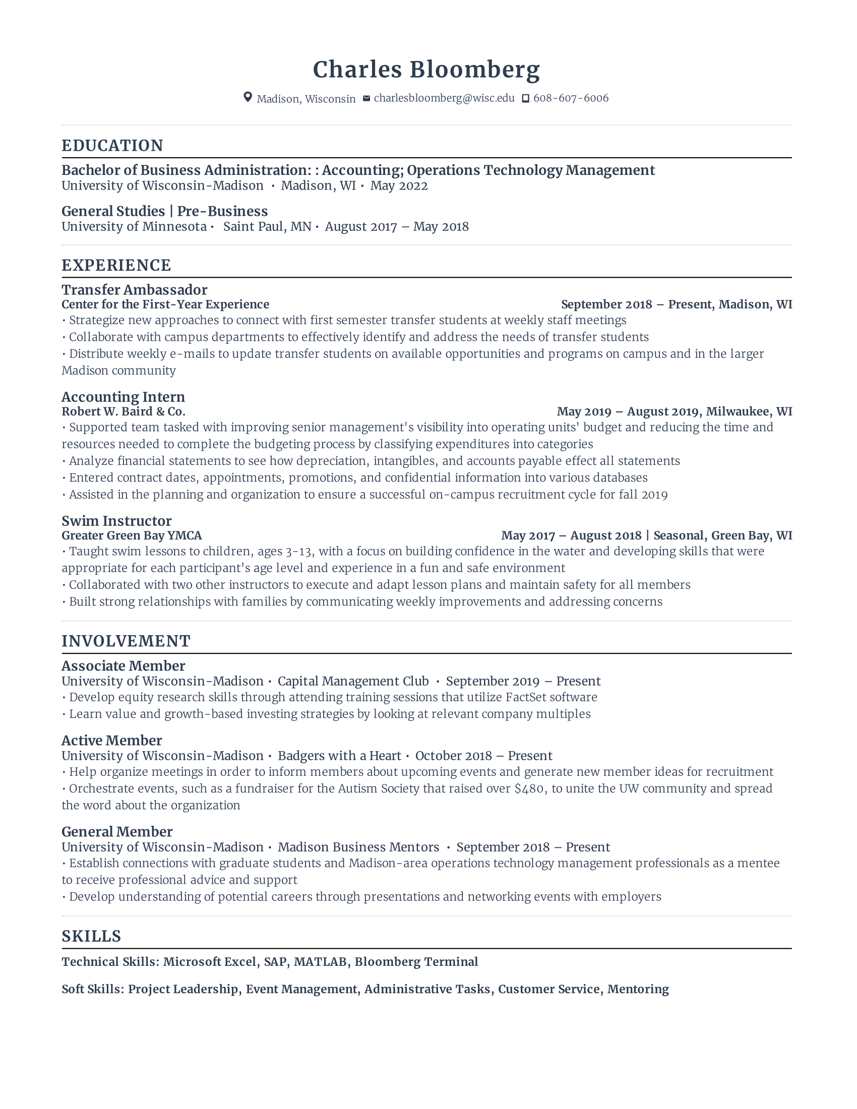 second year student resume template with low level experience, concentrating on recent education, internships, and other extra curricular experiences.
