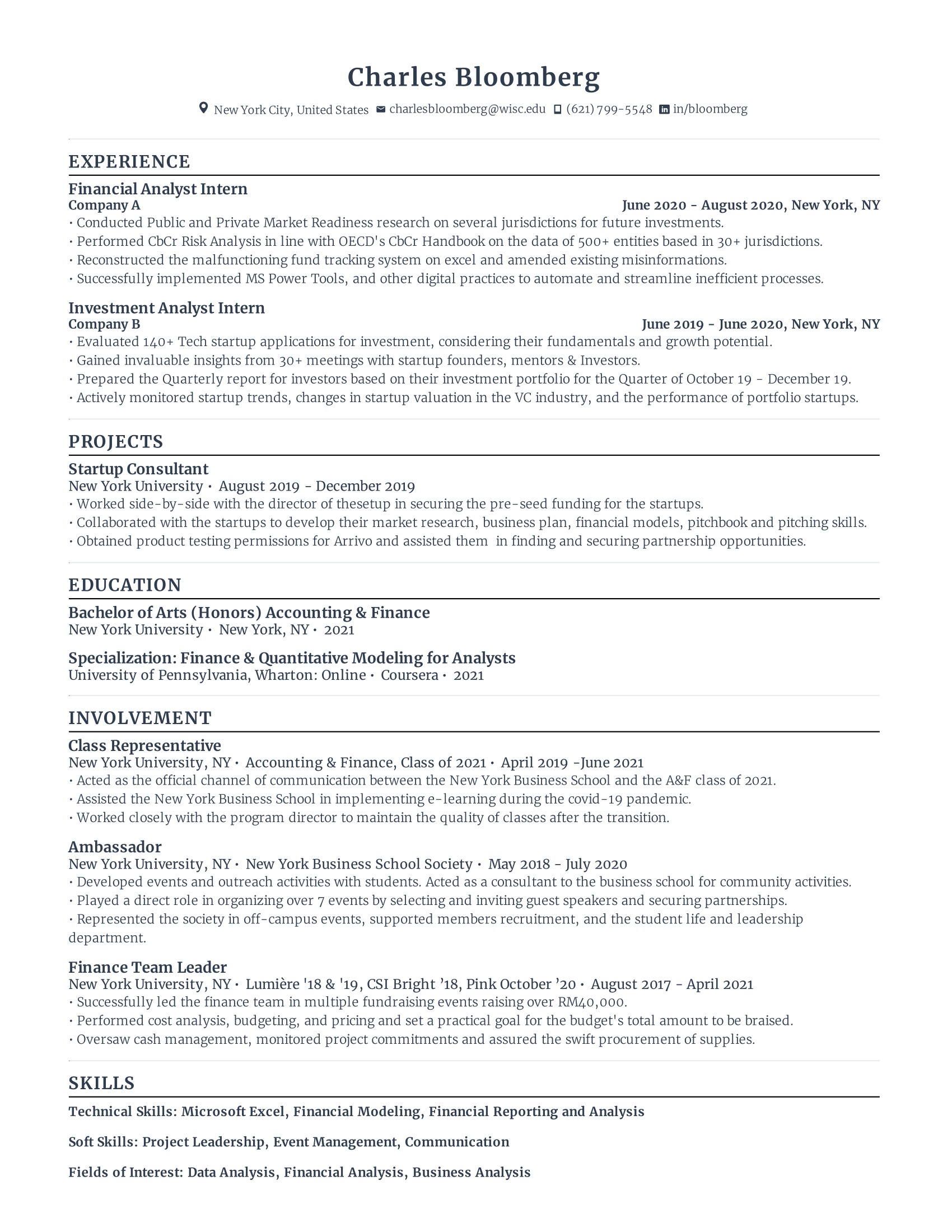 financial analyst intern student resume template with low level experience, concentrating on recent education, internships, and other extra curricular experiences.