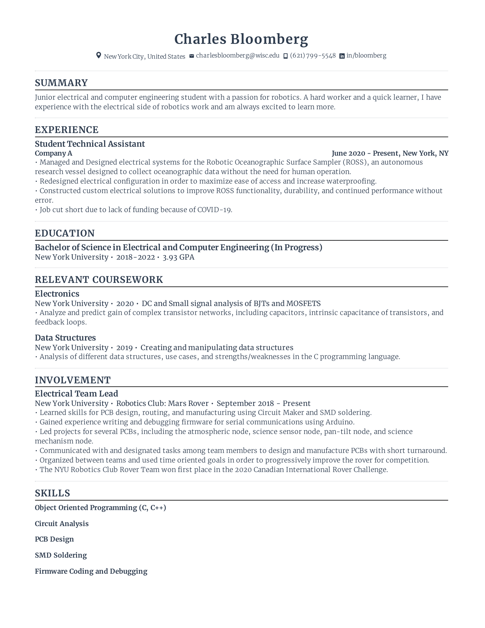 Student Technical Assistant student resume template with low level experience, concentrating on recent education, internships, and other extra curricular experiences.