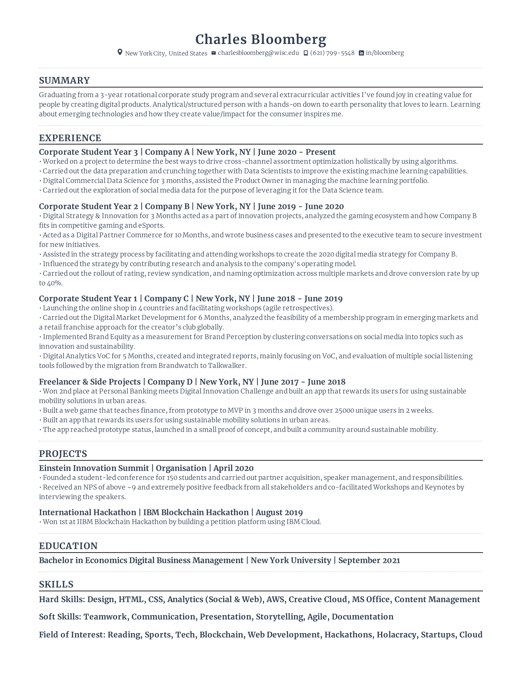 Corporate Rotational Graduate student resume template with low level experience, concentrating on recent education, internships, and other extra curricular experiences.