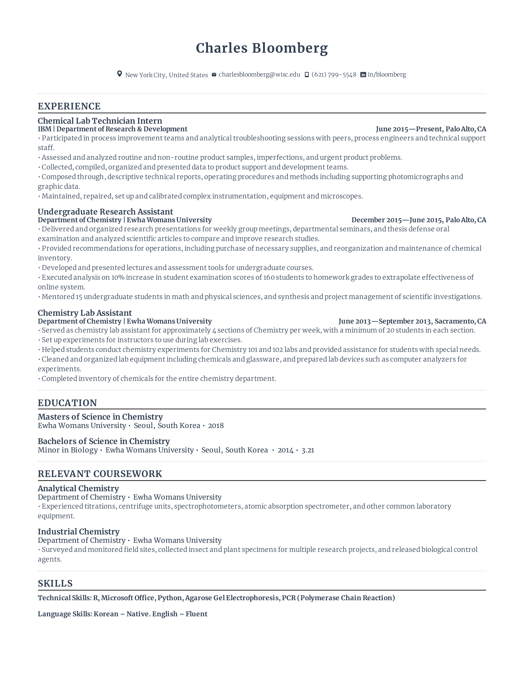 Science student resume template with low level experience, concentrating on recent education, internships, and other extra curricular experiences.