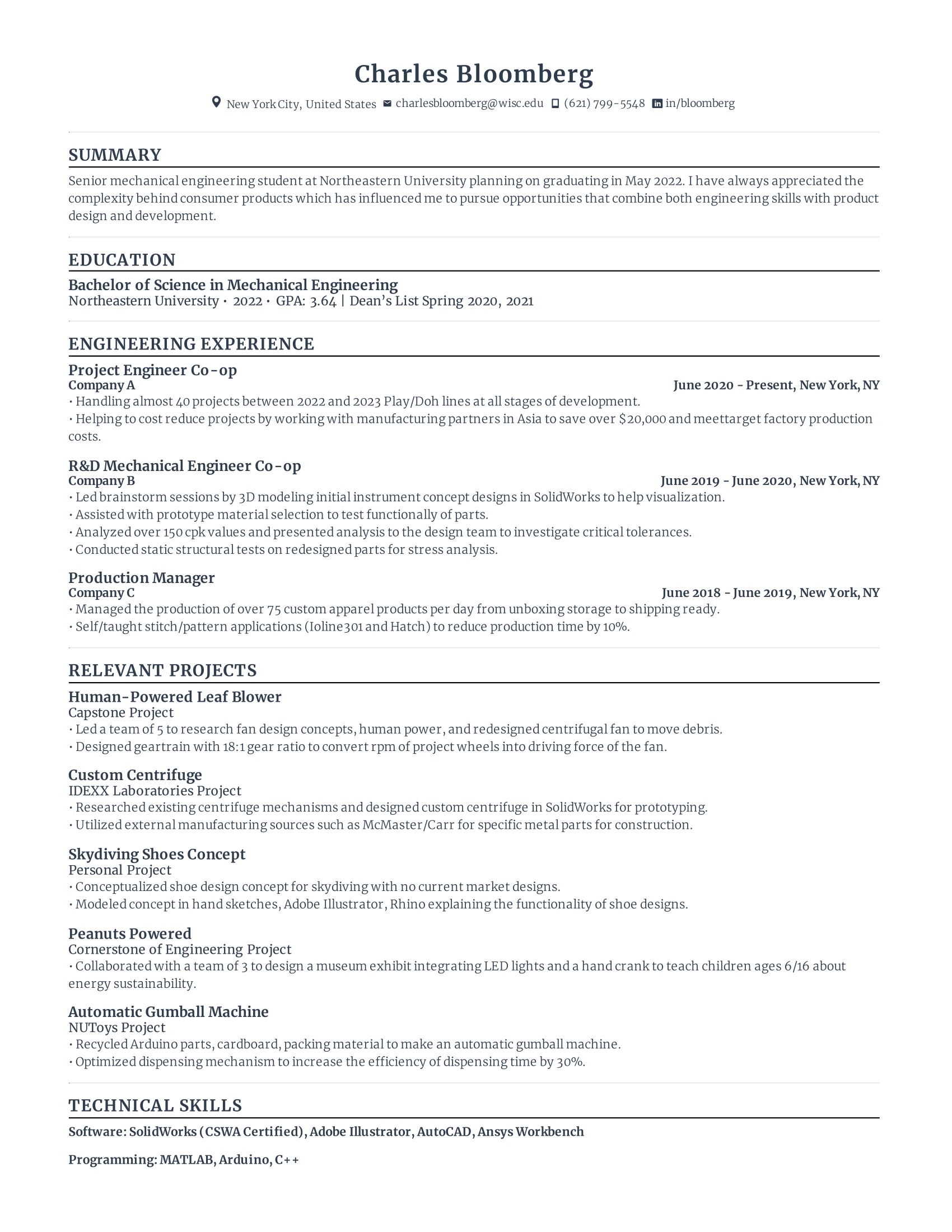 mechanical engineer student resume template with low level experience, concentrating on recent education, internships, and other extra curricular experiences.