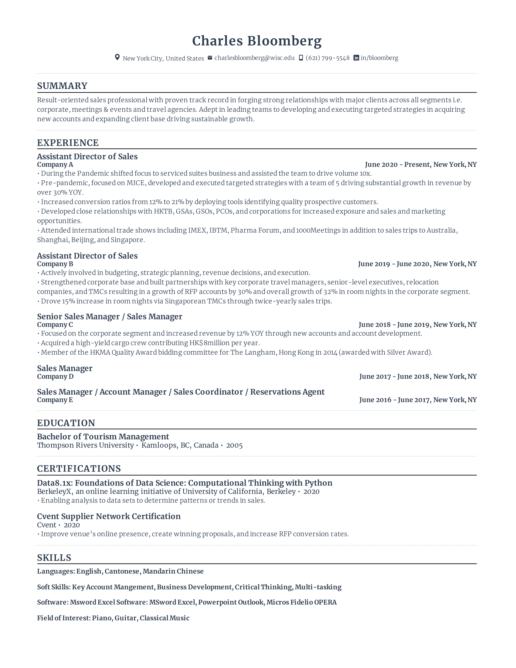 Assistant director of sales with high amount of experience and skills in related fields from various companies.