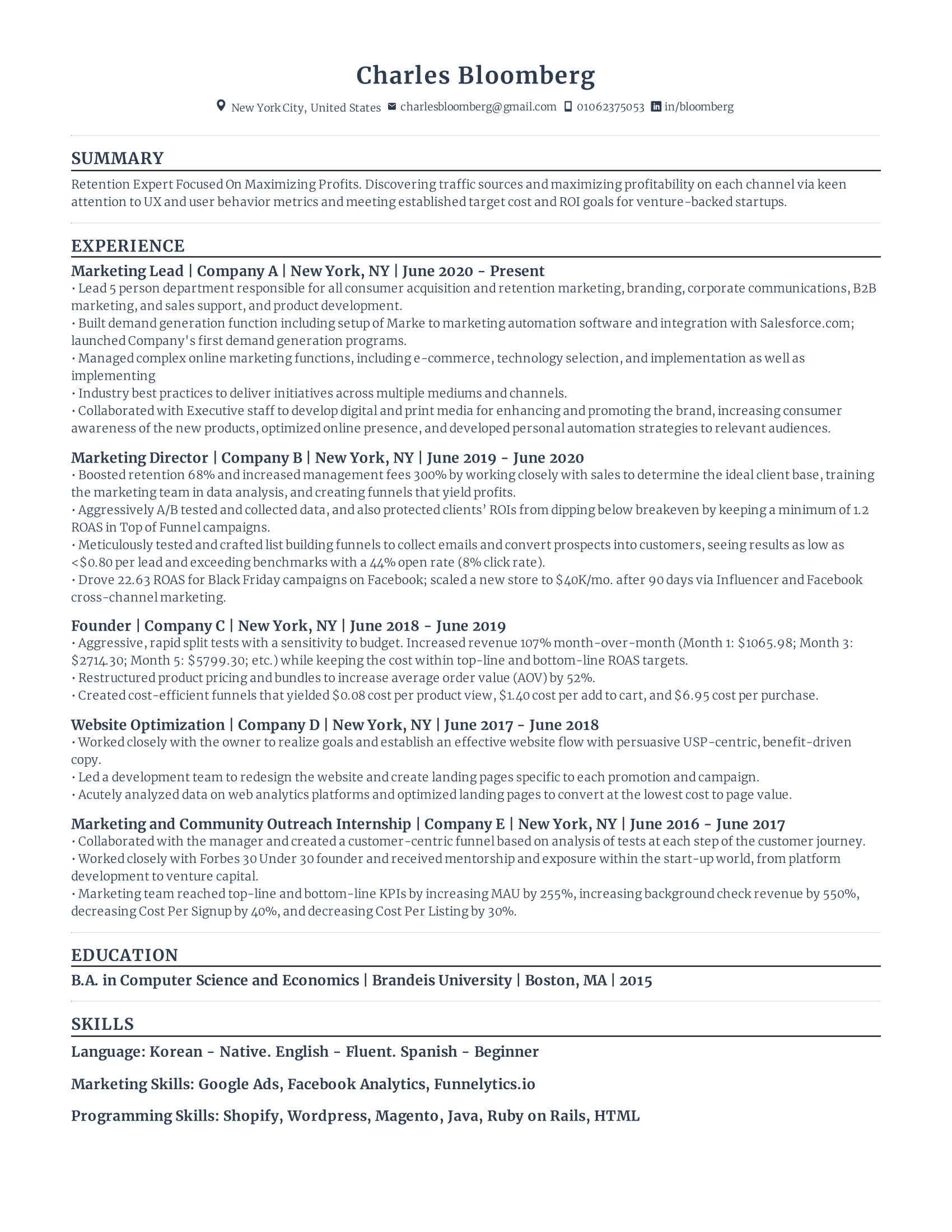 Marketing lead with high amount of experience and skills in related fields from various companies.