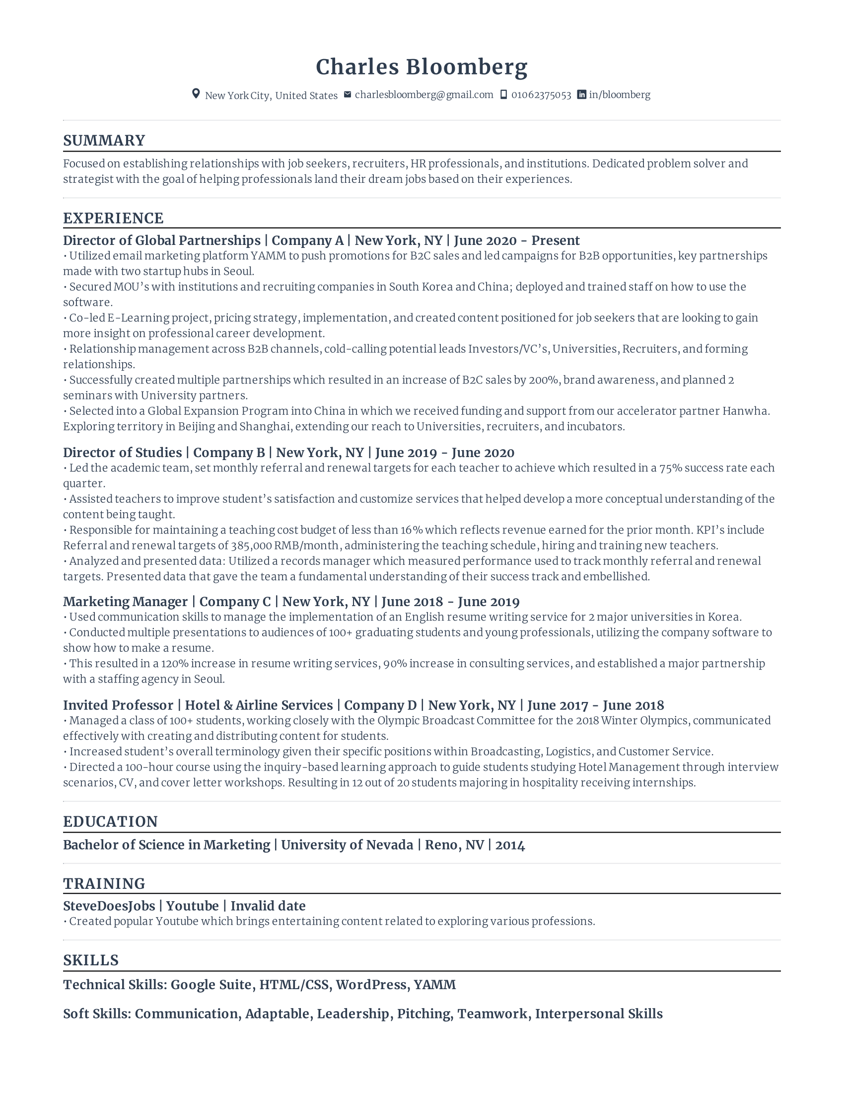 Director of global partnerships resume with high amount of experience and skills in related fields from various companies.