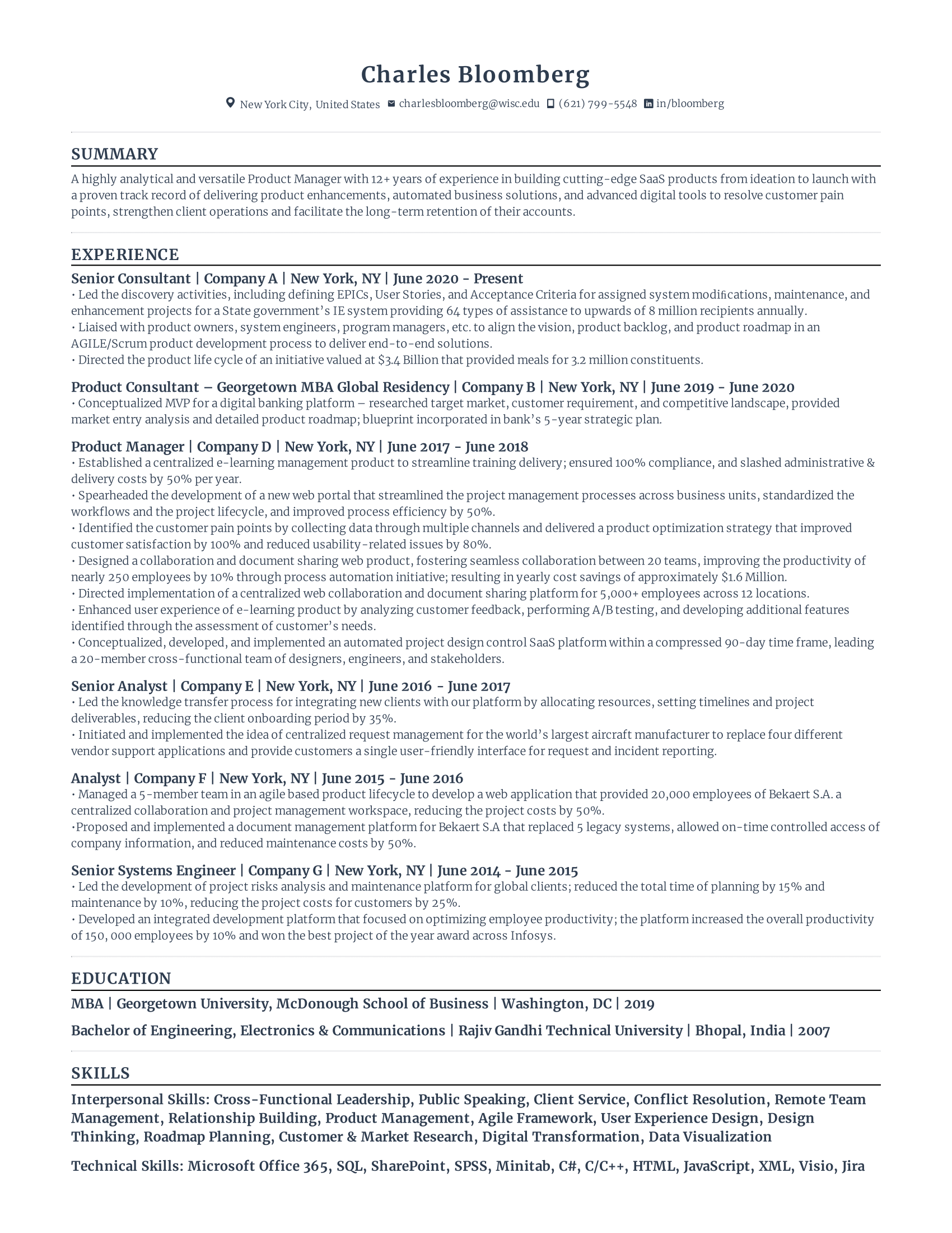 Product consultant resume with high amount of experience and skills in related fields from various companies.