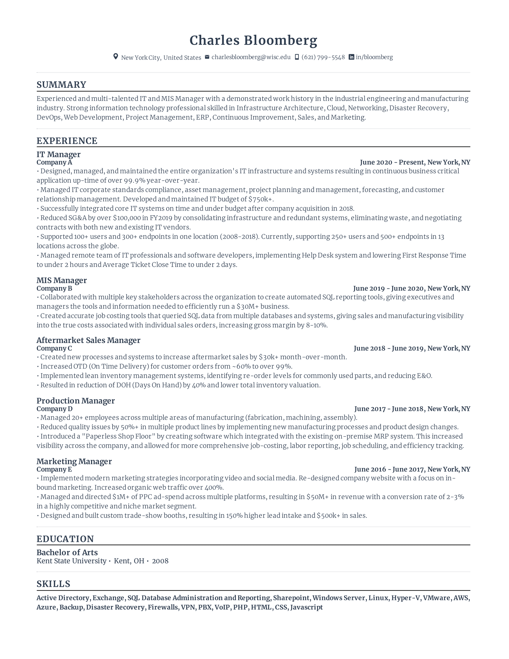 IT manager resume with high amount of experience and skills in related fields from various companies.