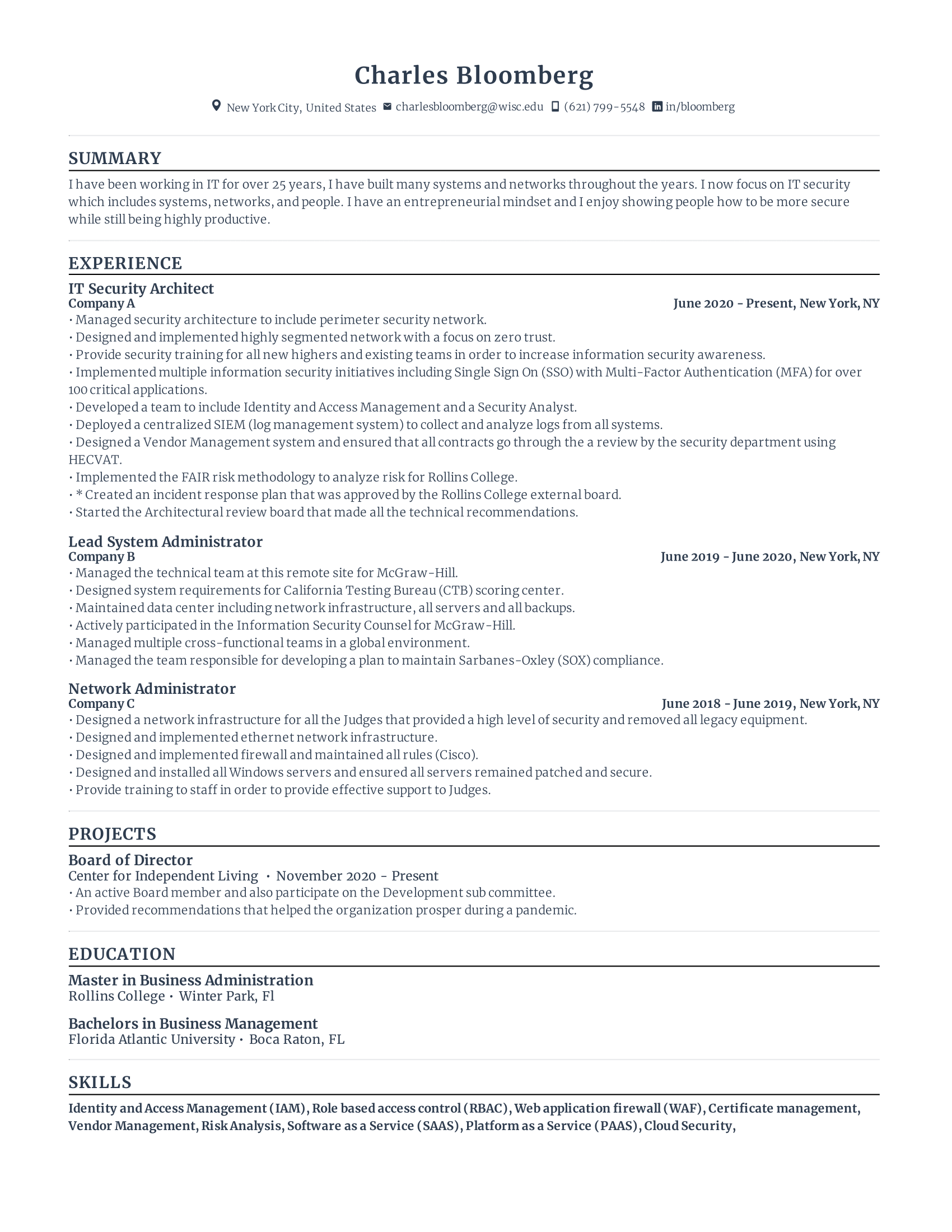 IT security architect resume with high amount of experience and skills in related fields from various companies.