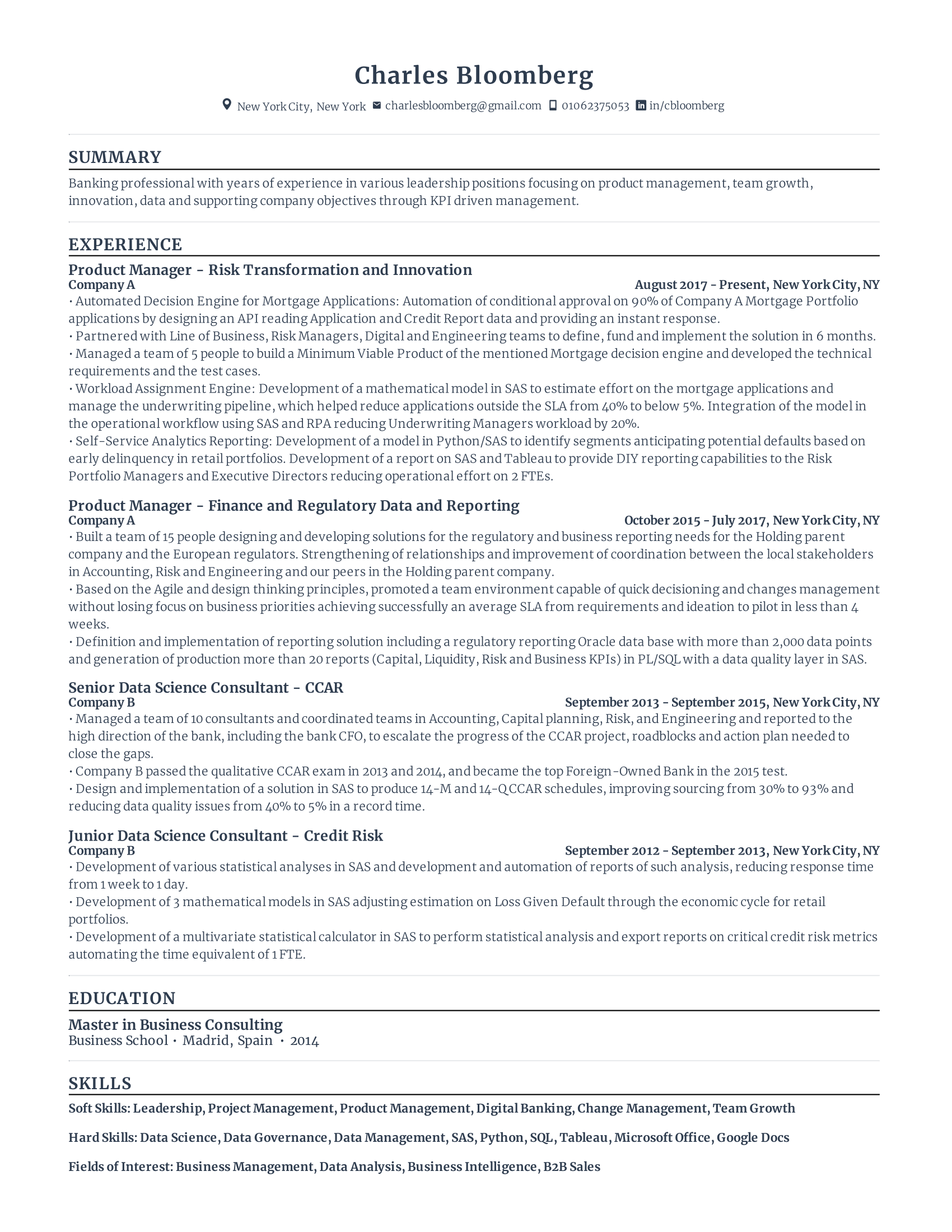 IT product manager resume with high amount of experience and skills in related fields from various companies.