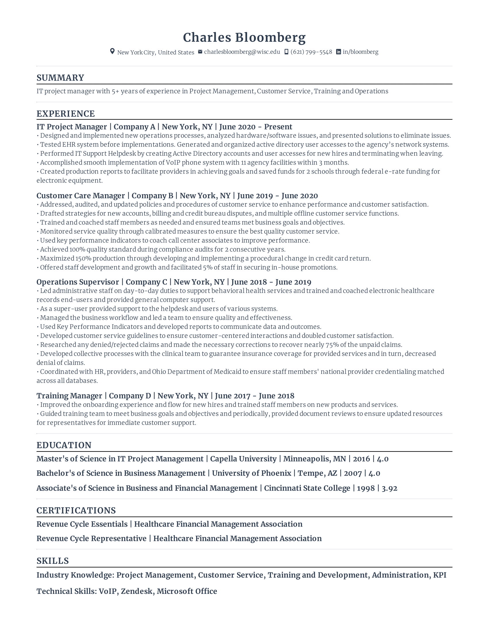 IT project manager resume with high amount of experience and skills in related fields from various companies.