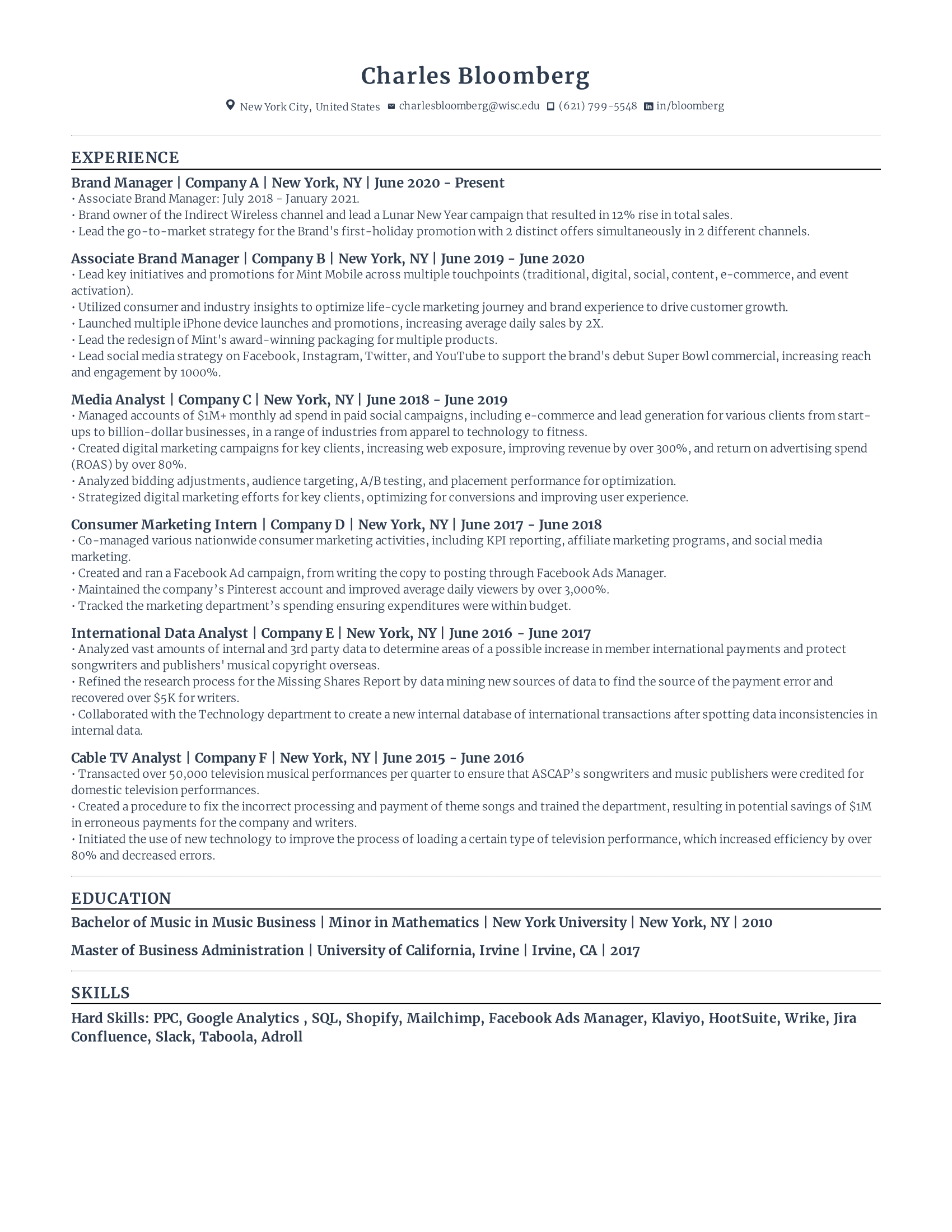 Brand Manager Resume with high amount of experience and skills in related fields from various companies.