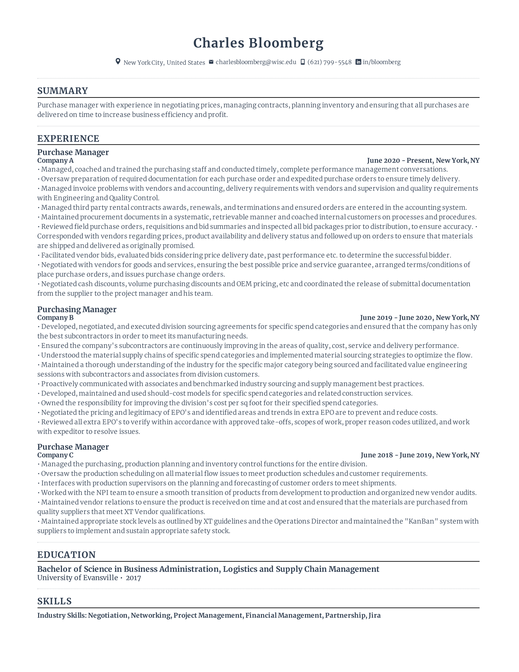 Procurement manager resume with high amount of experience and skills in related fields from various companies.
