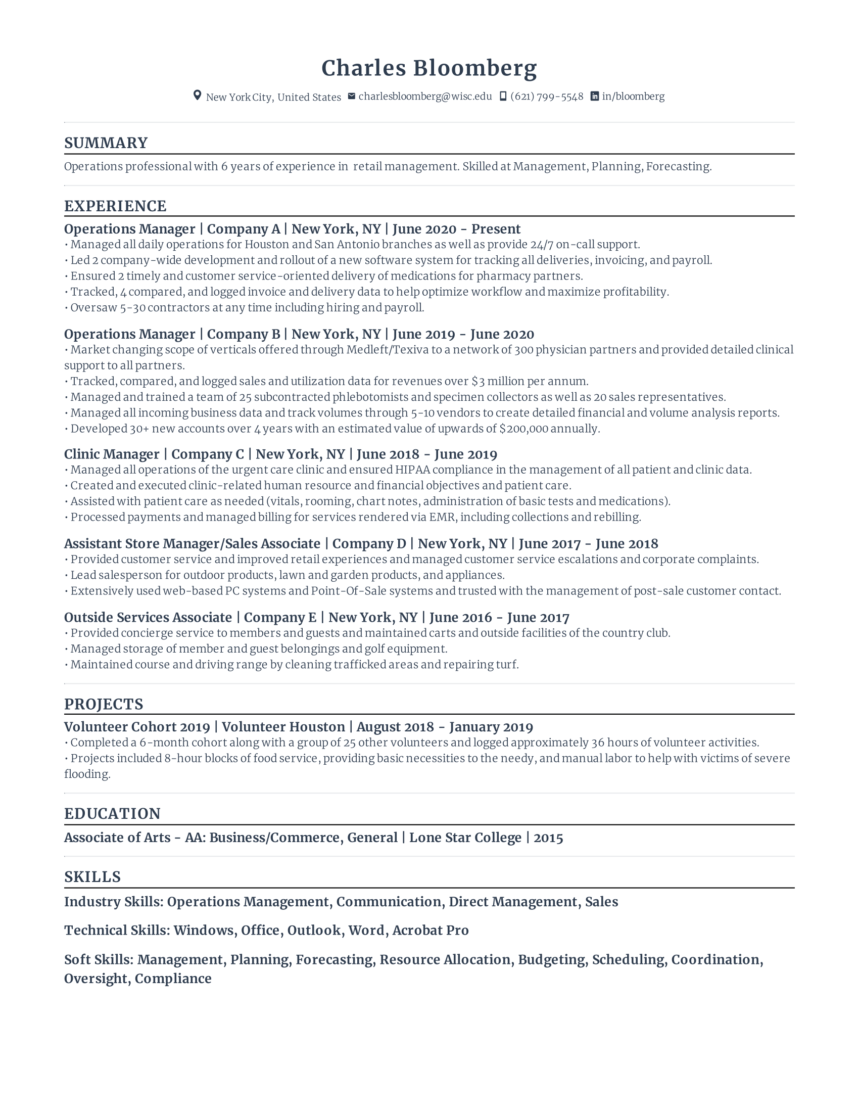 senior operations manager with high amount of experience and skills in related fields from various companies.