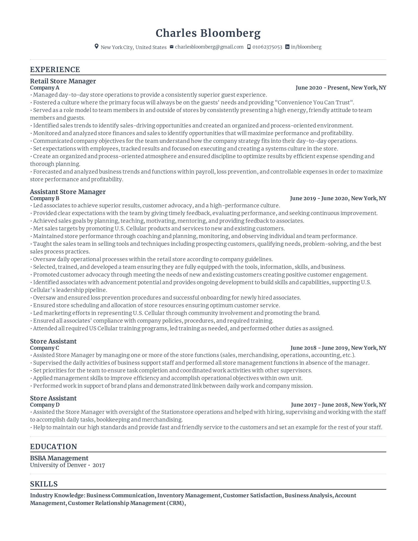 Store manager resume with high amount of experience and skills in related fields from various companies.