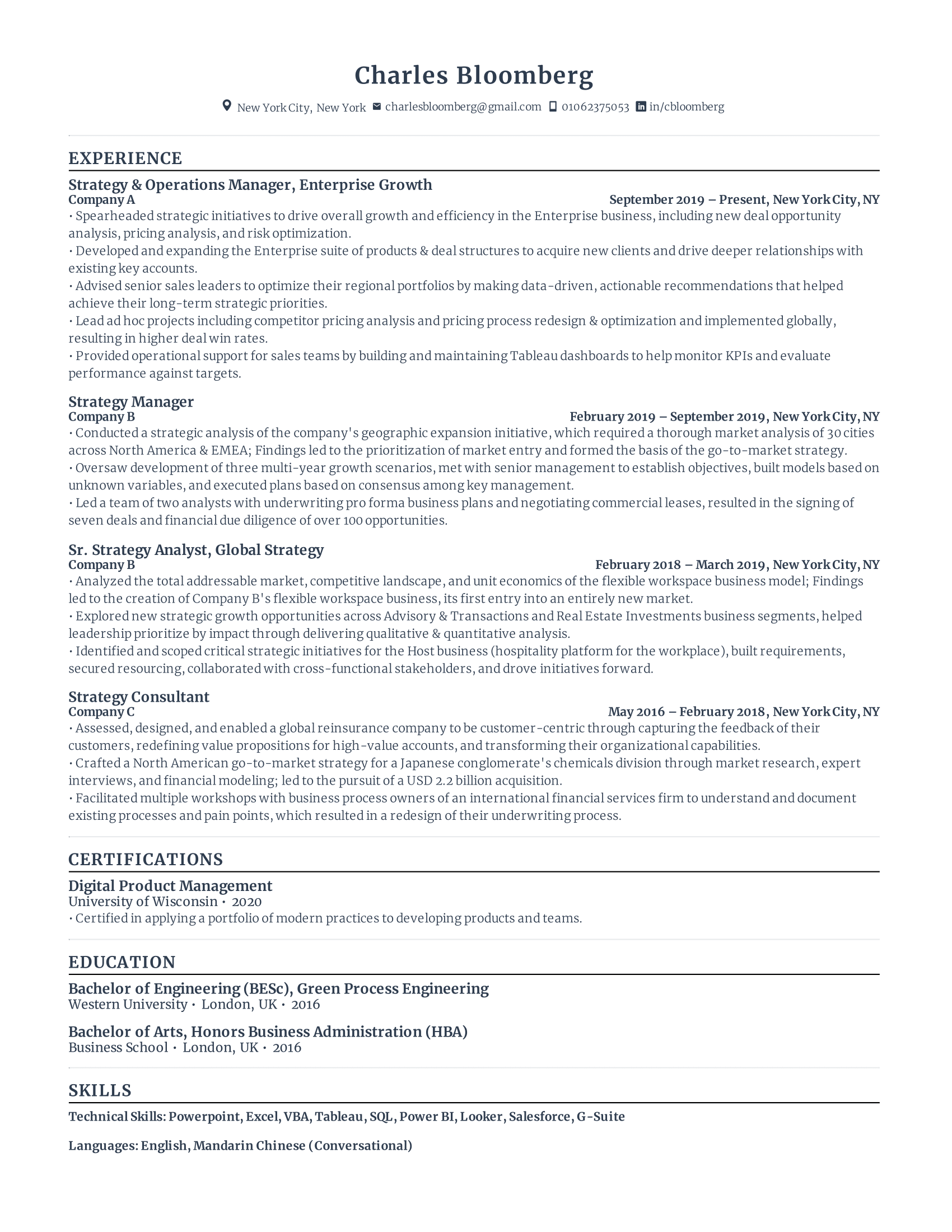 Strategy manager resume with high amount of experience and skills in related fields from various companies.