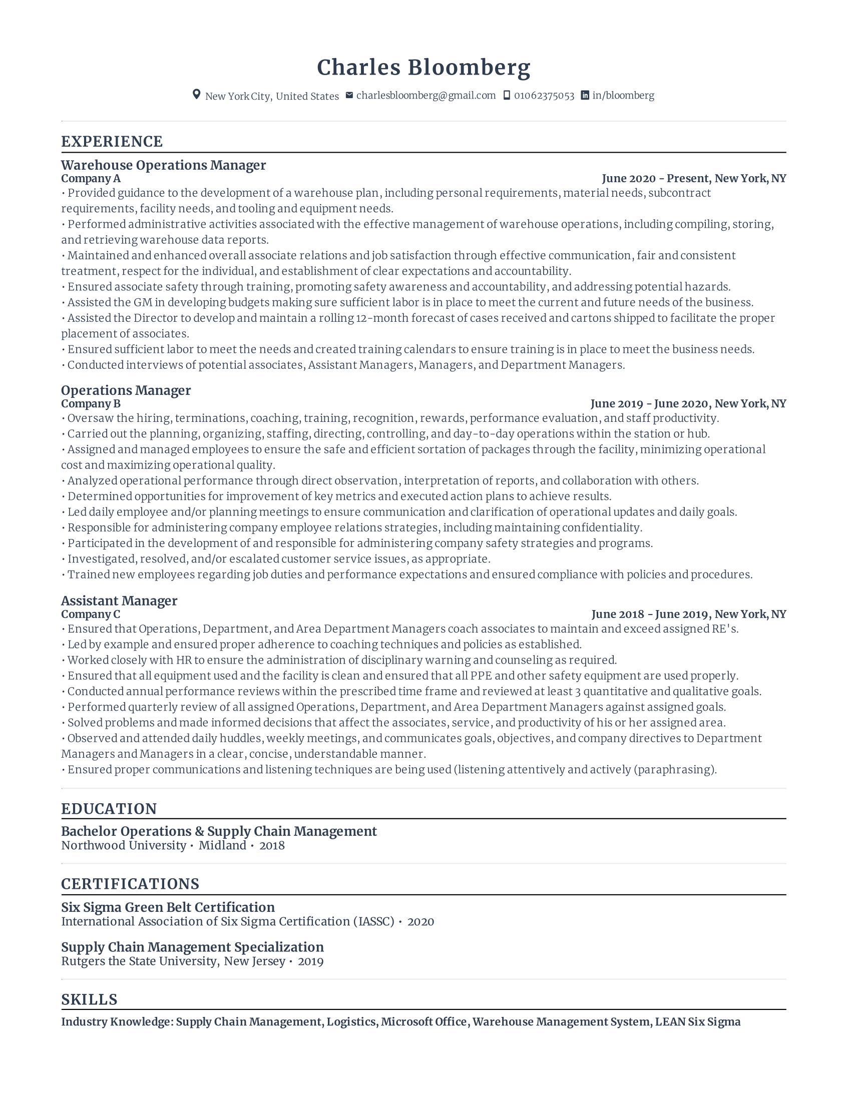 Warehouse operations manager resume with high amount of experience and skills in related fields from various companies.