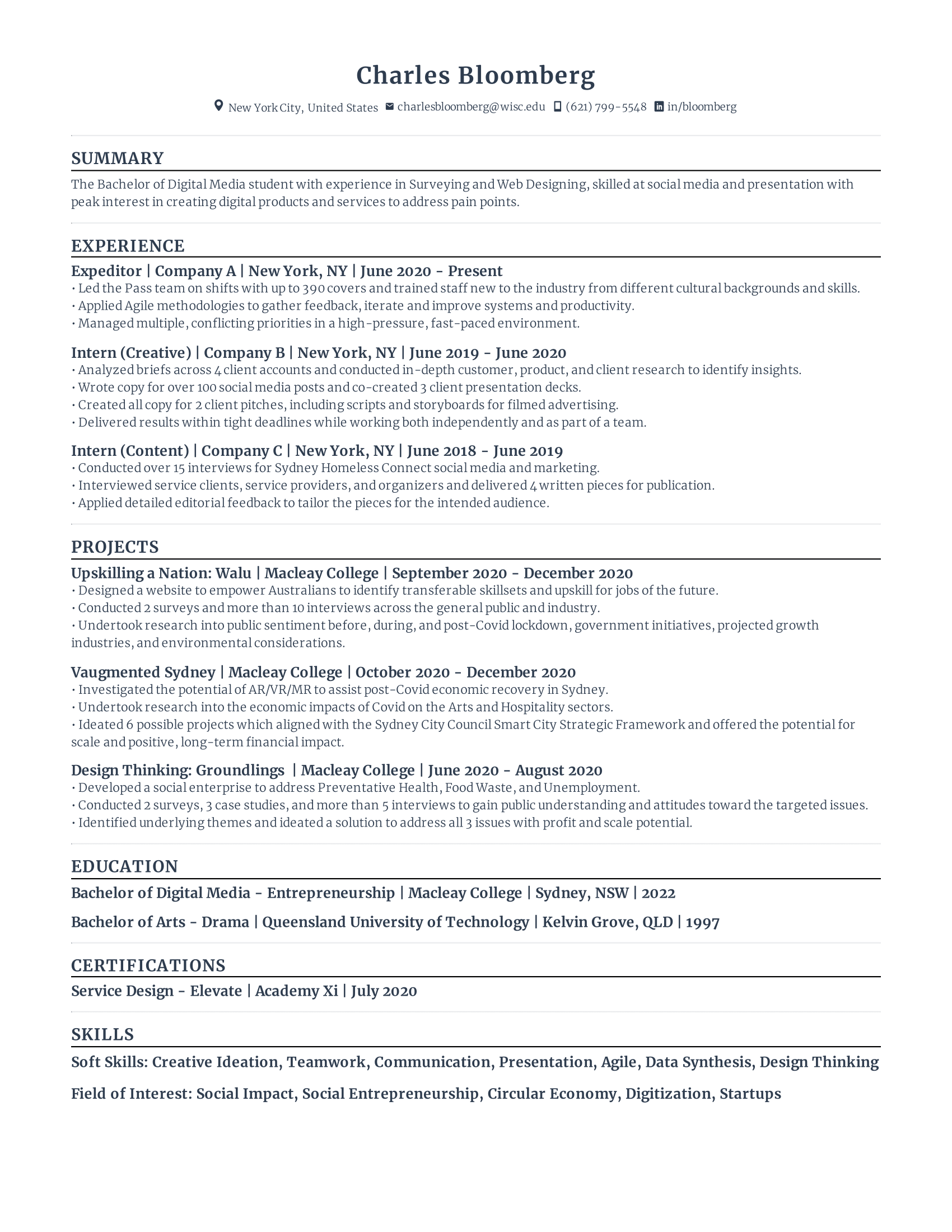 Assistant policy Intern student resume template with low level experience, concentrating on recent education, internships, and other extra curricular experiences.