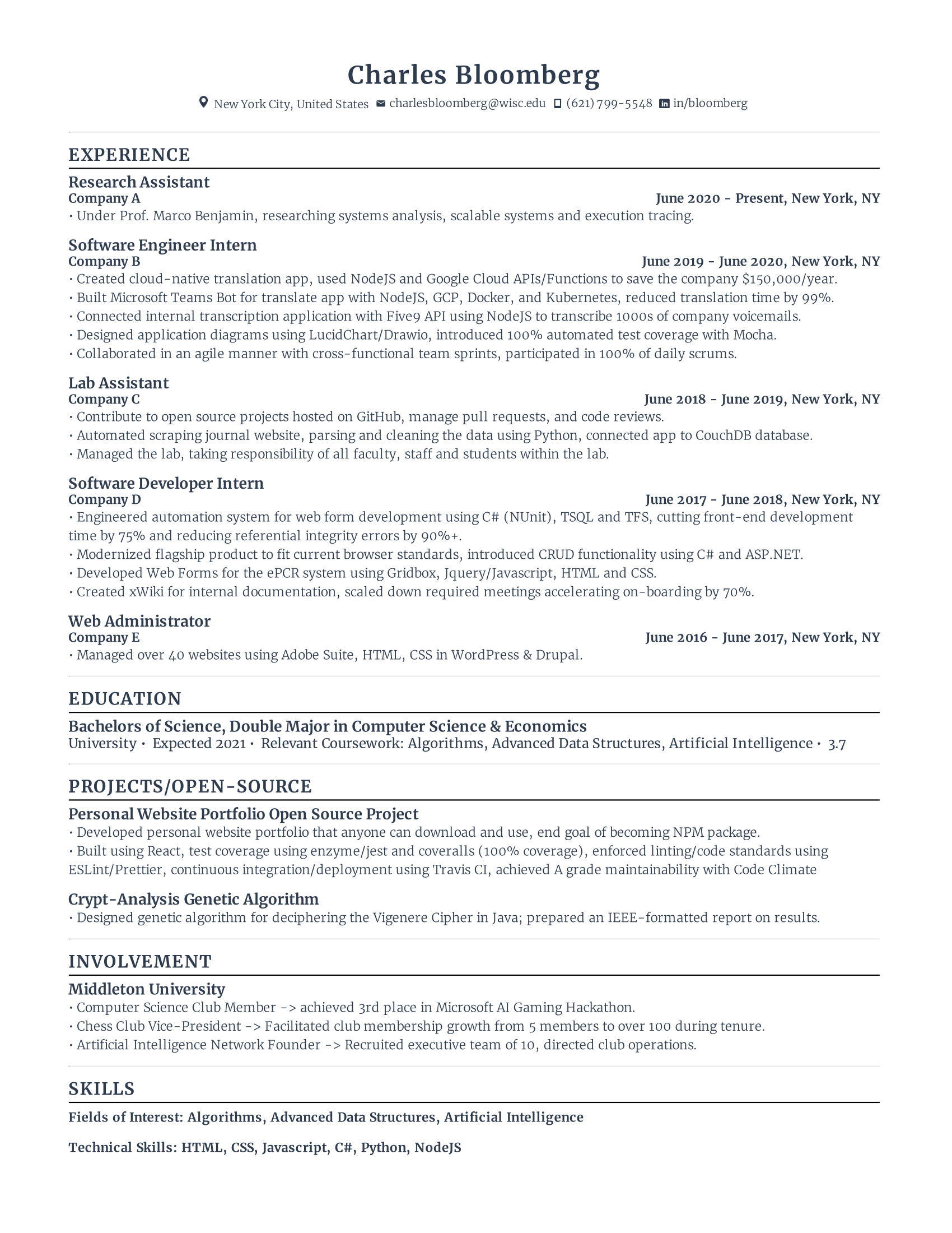software engineer intern student resume template with low level experience, concentrating on recent education, internships, and other extra curricular experiences.