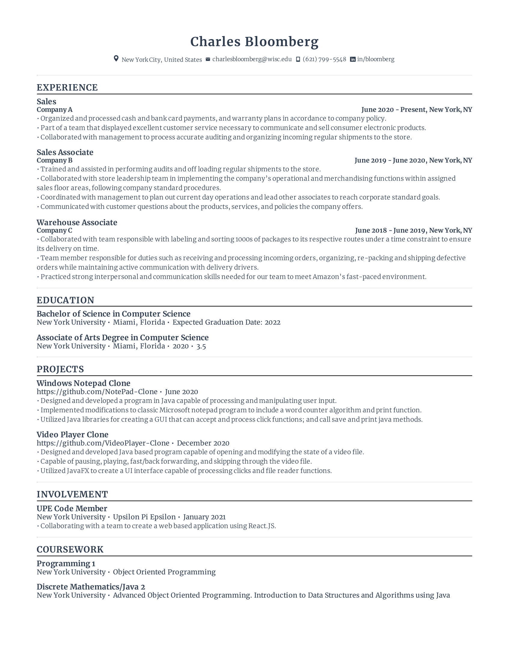 Technology Internship student resume template with low level experience, concentrating on recent education, internships, and other extra curricular experiences.