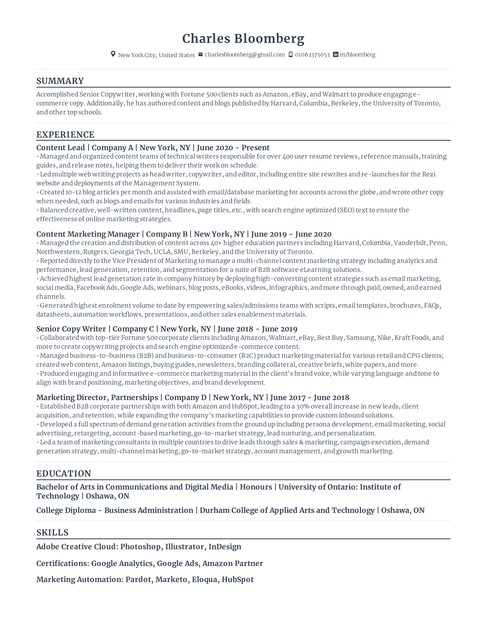 content marketing Lead with high amount of experience and skills in related fields from various companies.