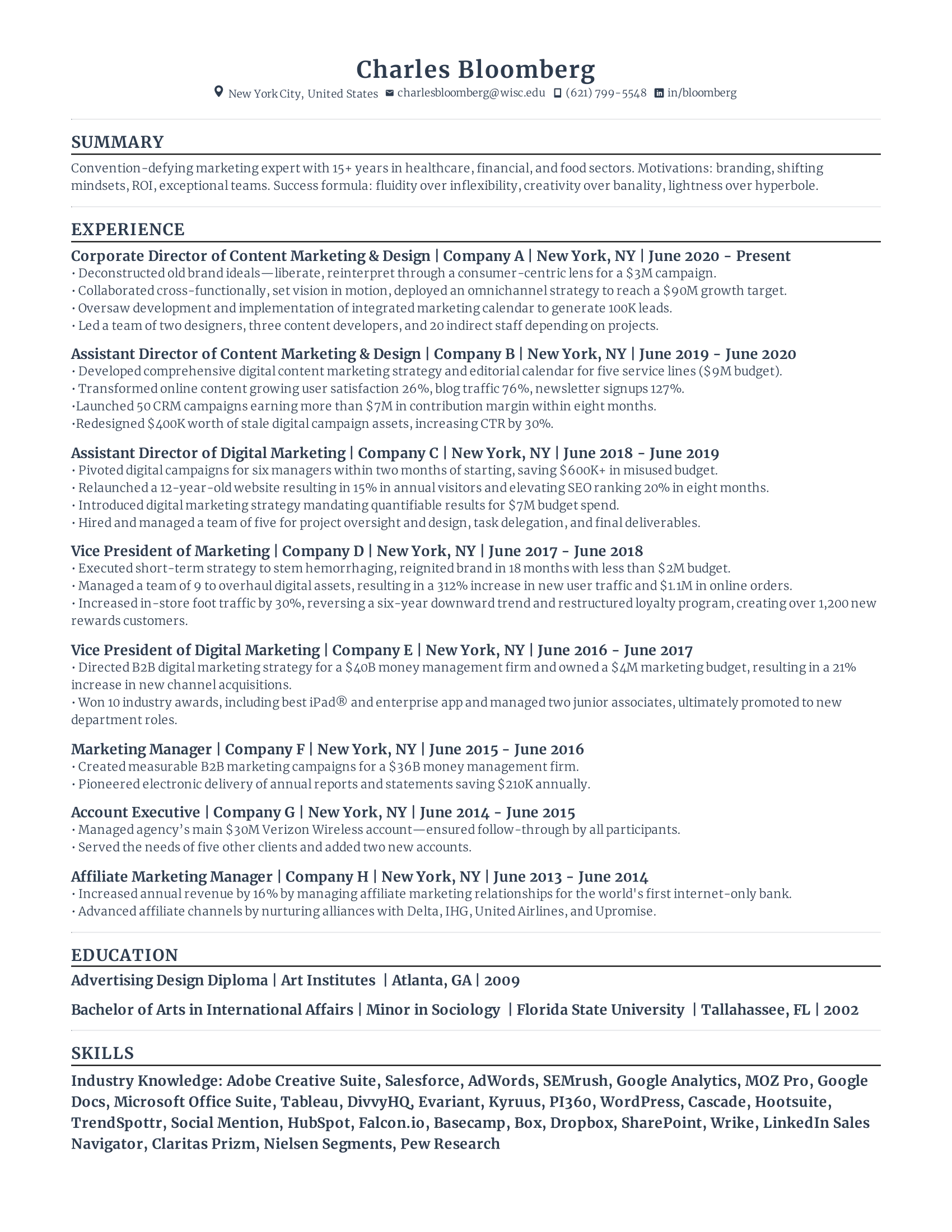 Director of content marketing with high amount of experience and skills in related fields from various companies.