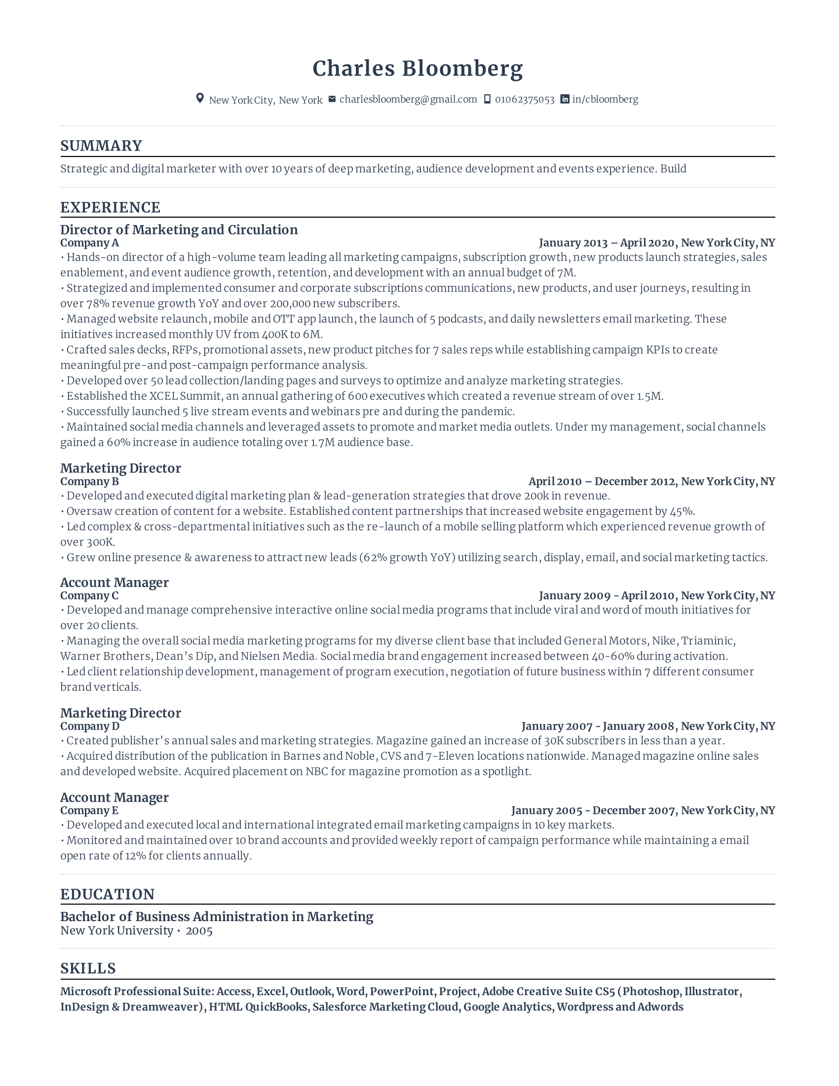 Director of marketing with high amount of experience and skills in related fields from various companies.