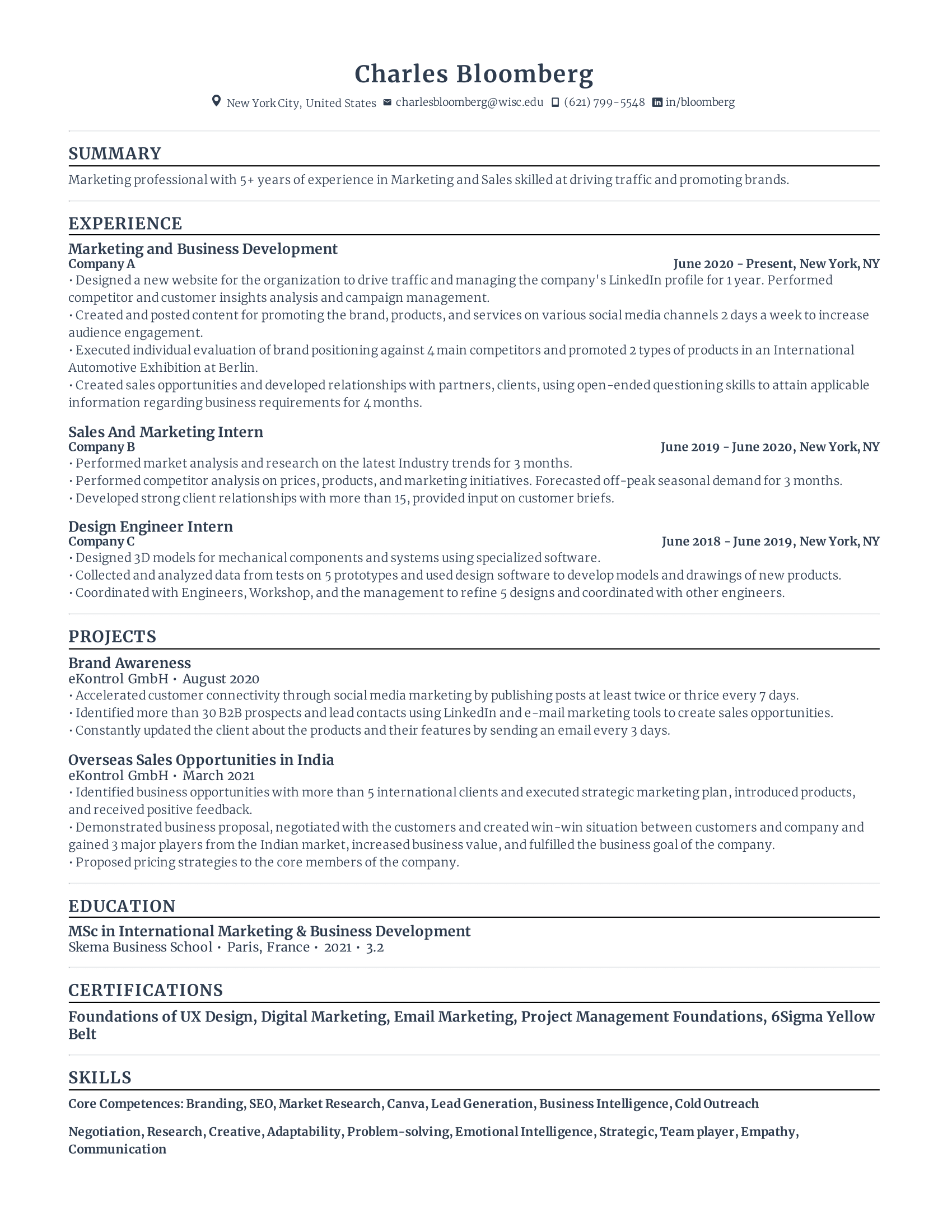 International marketing manager with high amount of experience and skills in related fields from various companies.