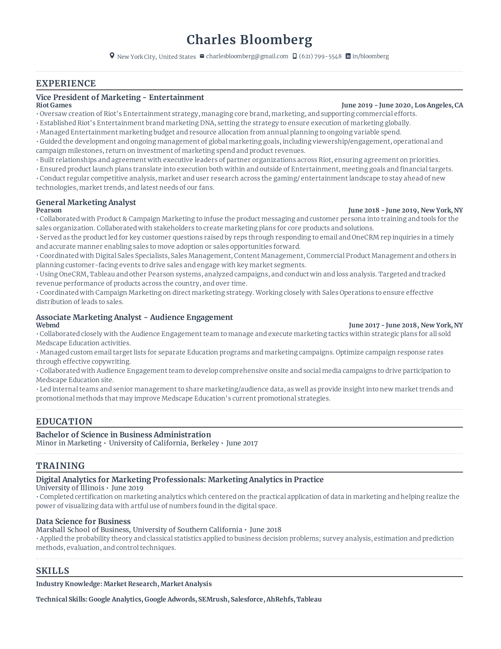 Marketing analyst with high amount of experience and skills in related fields from various companies.