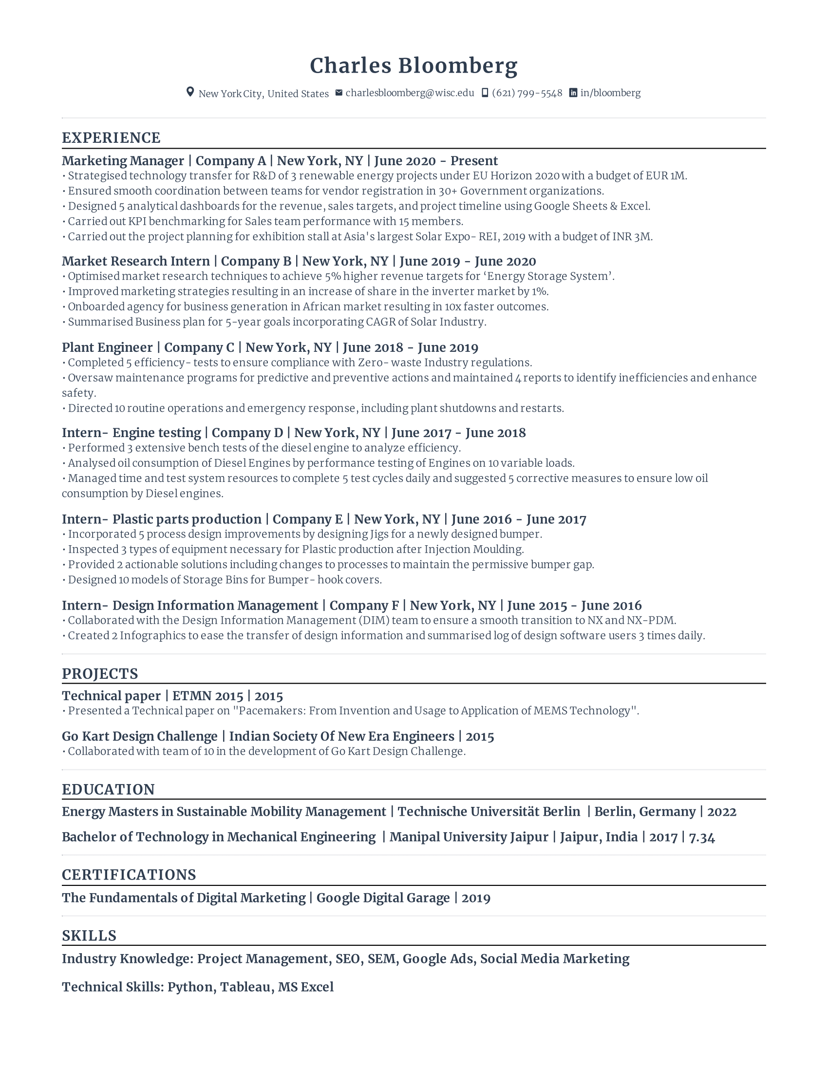 Marketing manager with high amount of experience and skills in related fields from various companies.