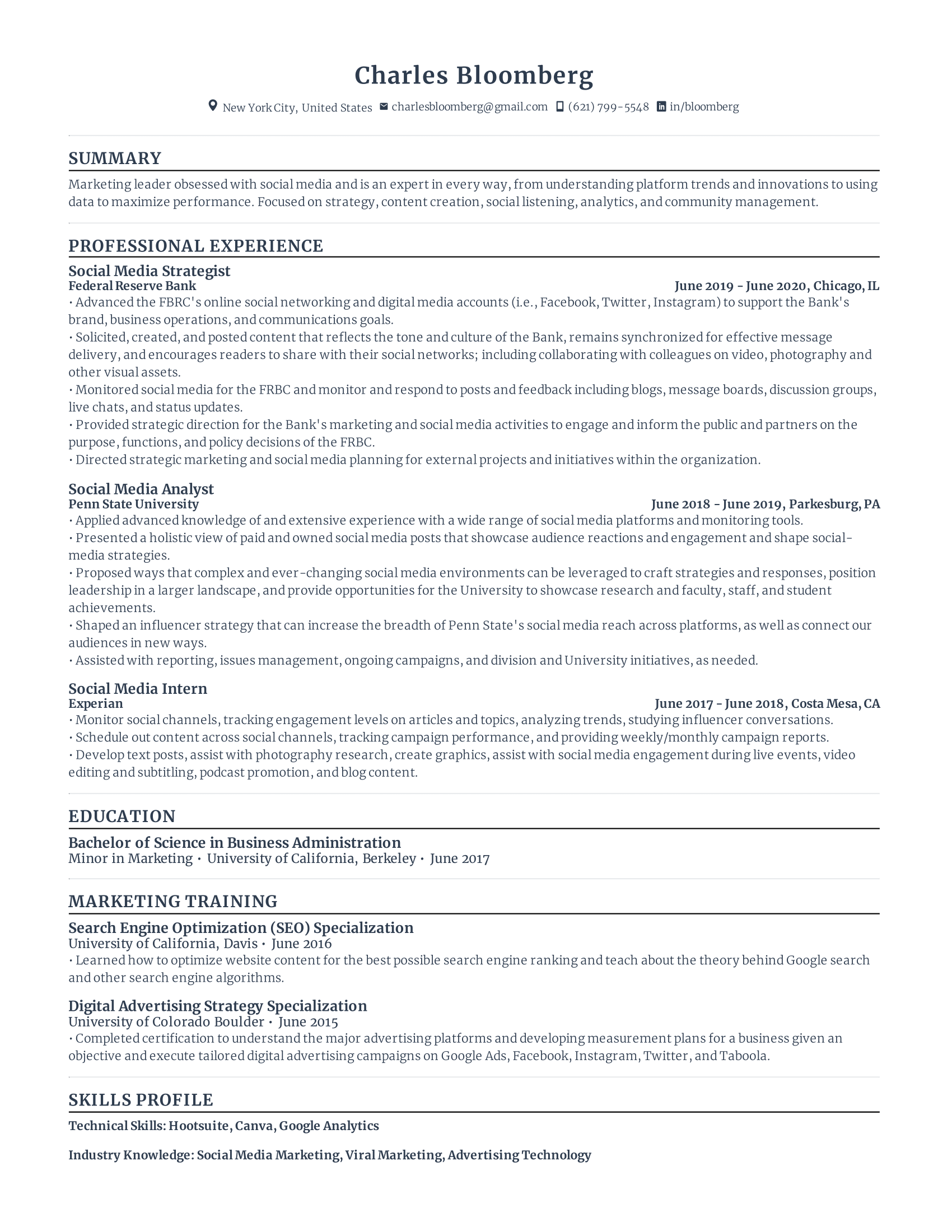 Social media marketing manager with high amount of experience and skills in related fields from various companies.