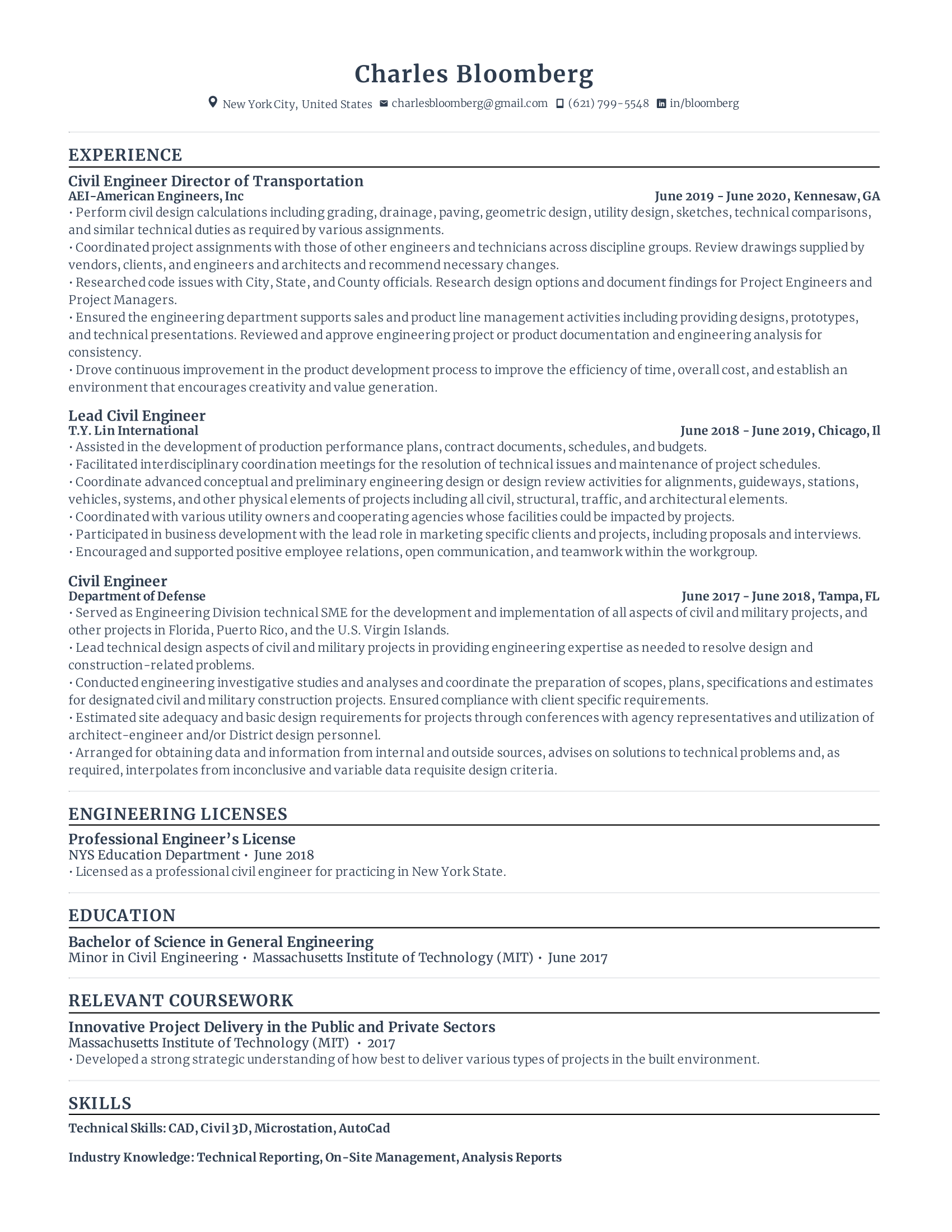 Civil engineer with high amount of experience and skills in related fields from various companies.