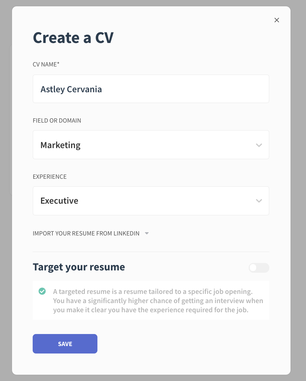 You’ll be taken inside the app dashboard. Click on “create new resume” located on the left side of the page
