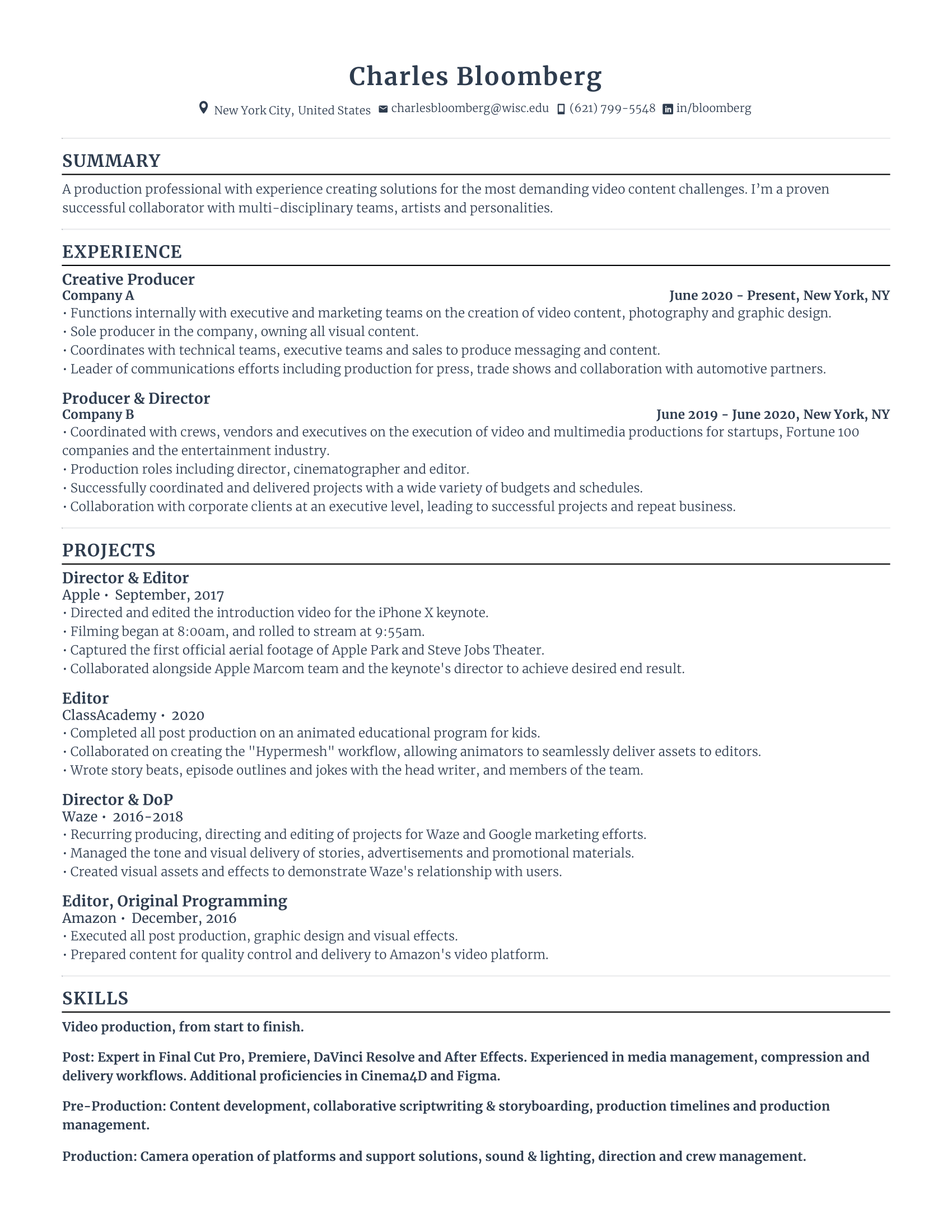 Creative producer resume with high amount of experience and skills in related fields from various companies.