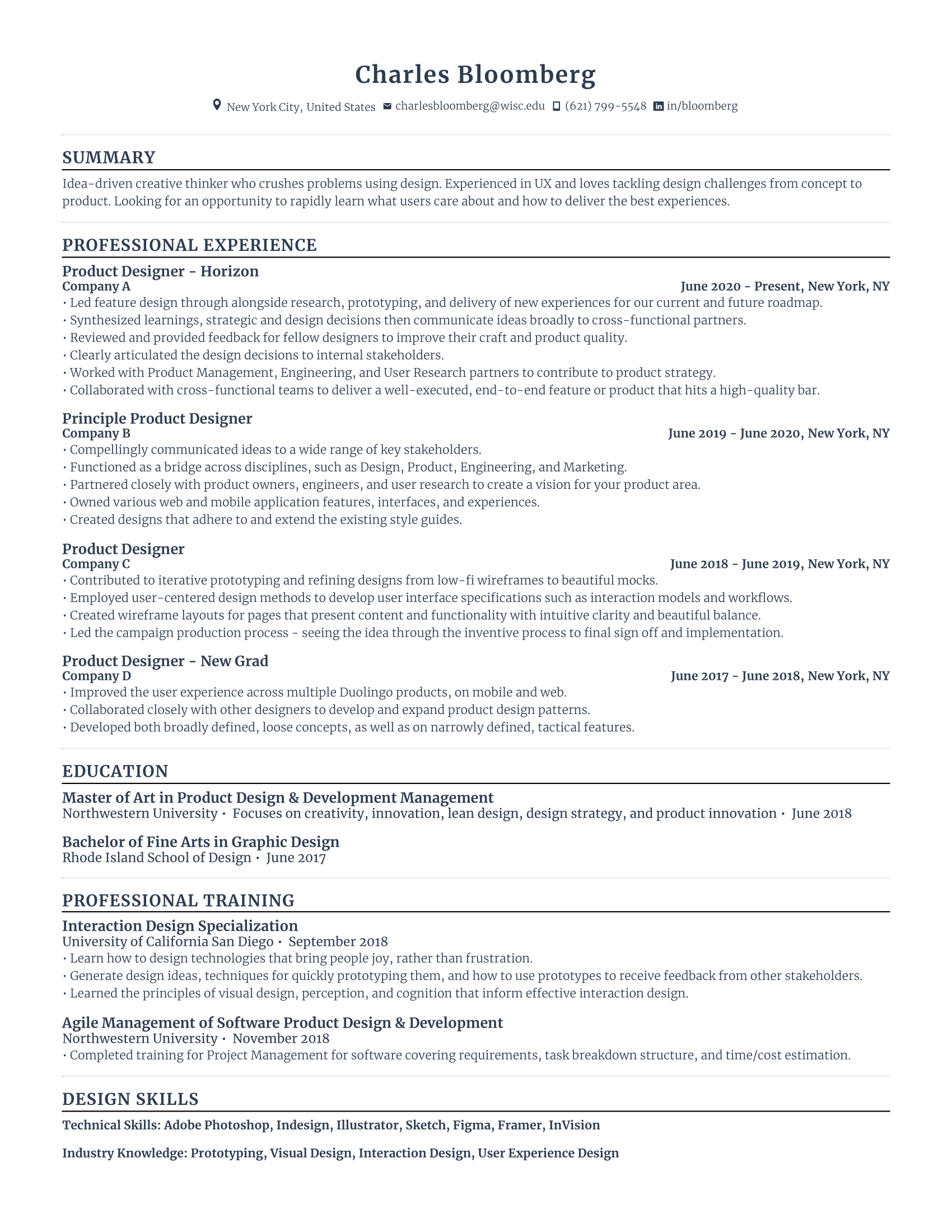 Product designer resume with high amount of experience and skills in related fields from various companies.